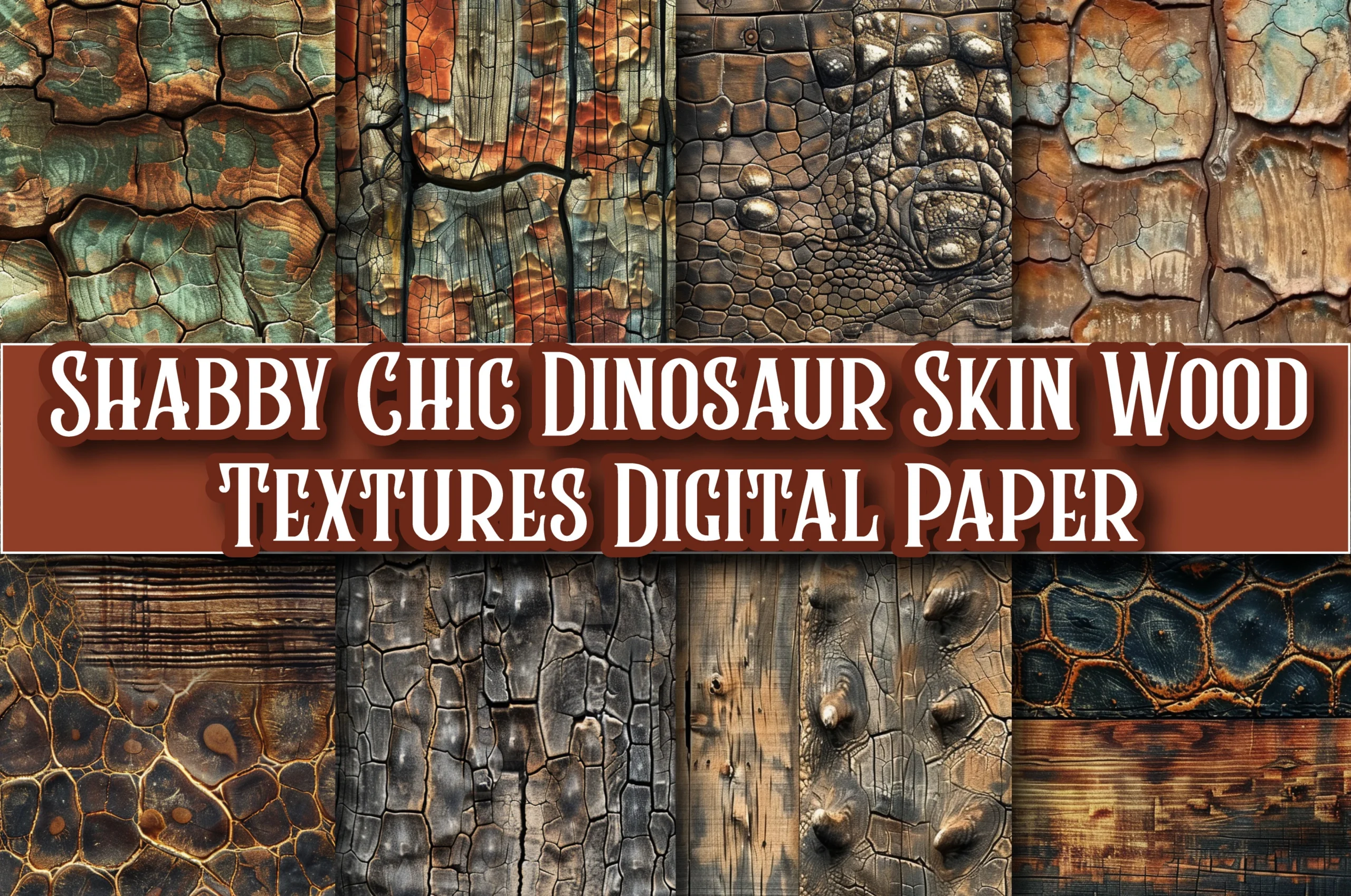 SHABBY CHIC DINOSAUR SKIN WOOD TEXTURES DIGITAL PAPER displays an eight-part grid of high-resolution textures, blending rugged wood grains with detailed, scaly dinosaur hide patterns in earthy and metallic colors.
