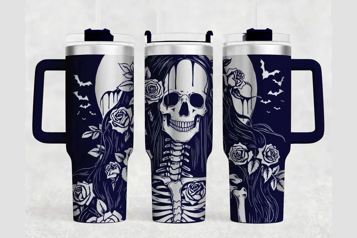 Skeleton 40oz Laser Tumbler Wrap SVG preview showing Halloween motifs with composition