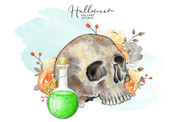 Skull Clipart, Halloween Illustration preview showing Halloween motifs with composition