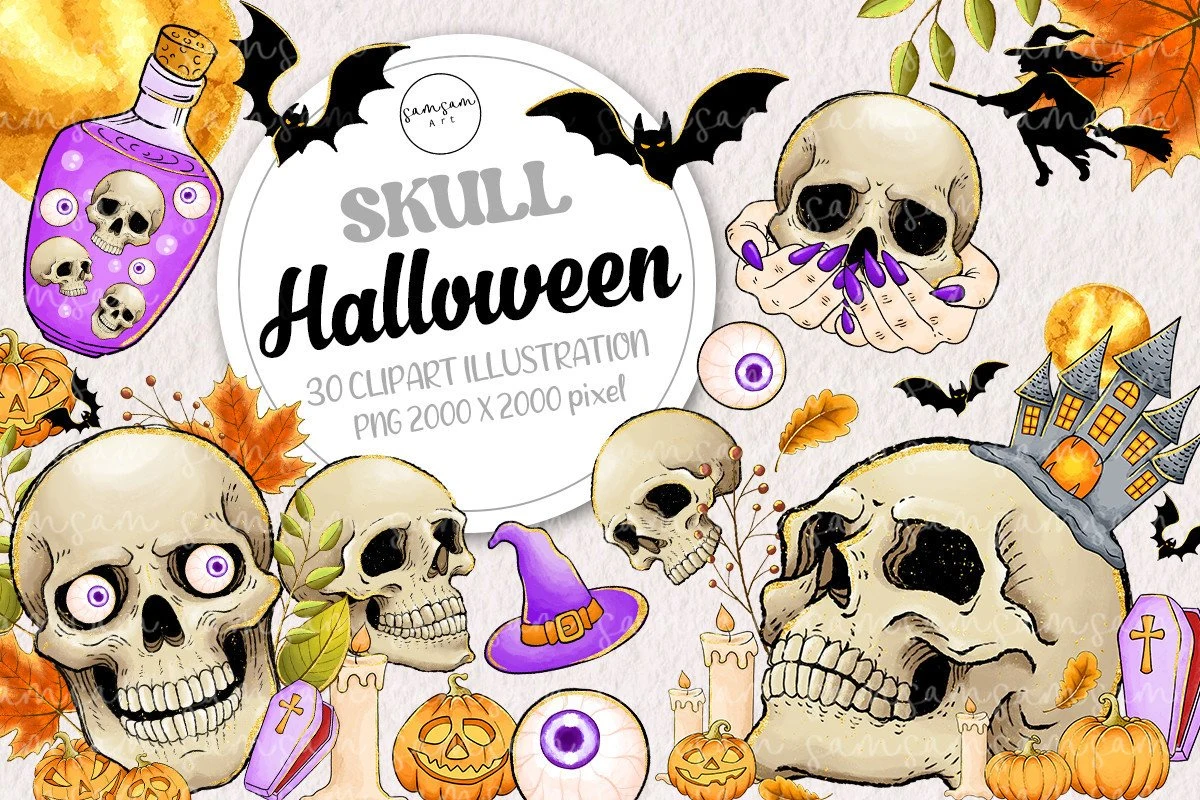 Skull Halloween Clipart Bundle preview showing Halloween motifs with composition