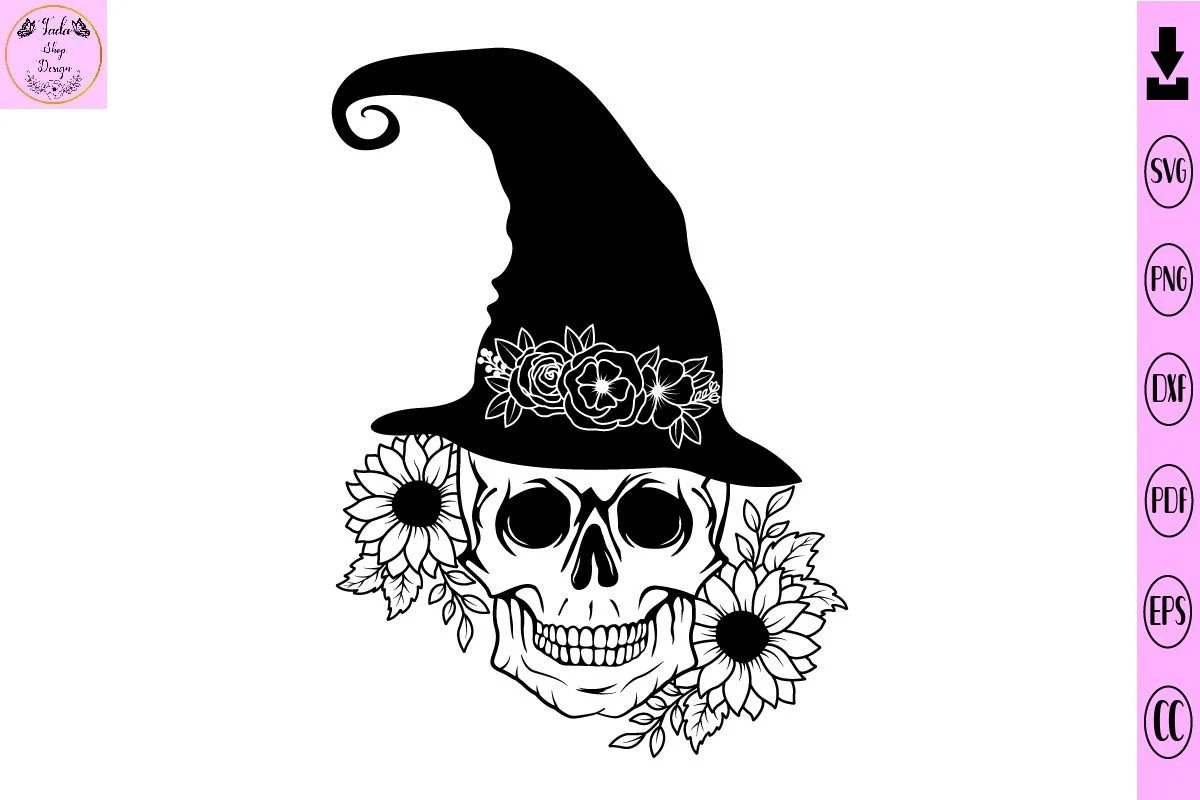 Skull Witch Hat Flower Svg Skull Svg preview showing botanical motifs with composition
