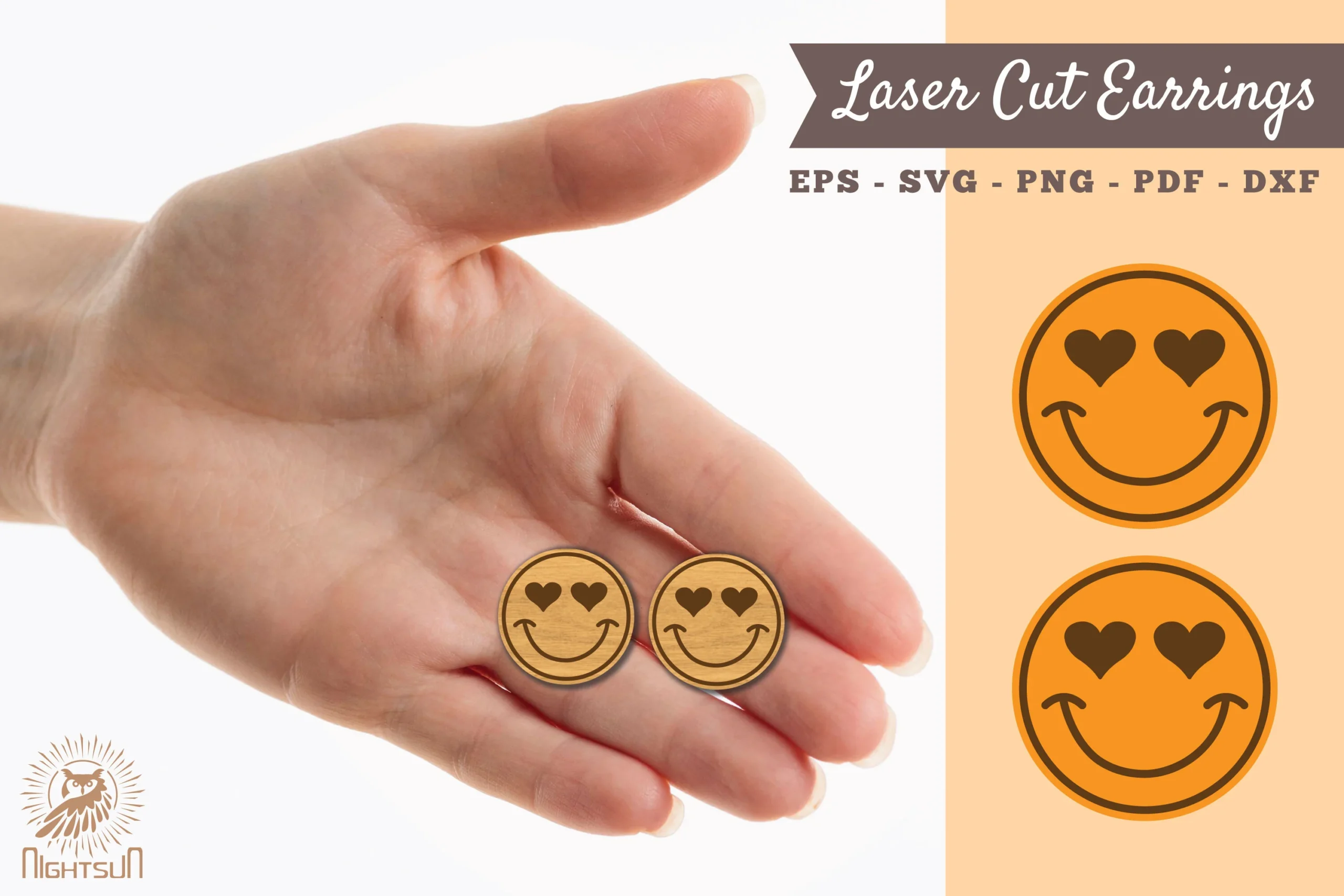 Smiley Face Laser Cut Earrings SVG 3 featuring smiley face with heart eyes and circular shape