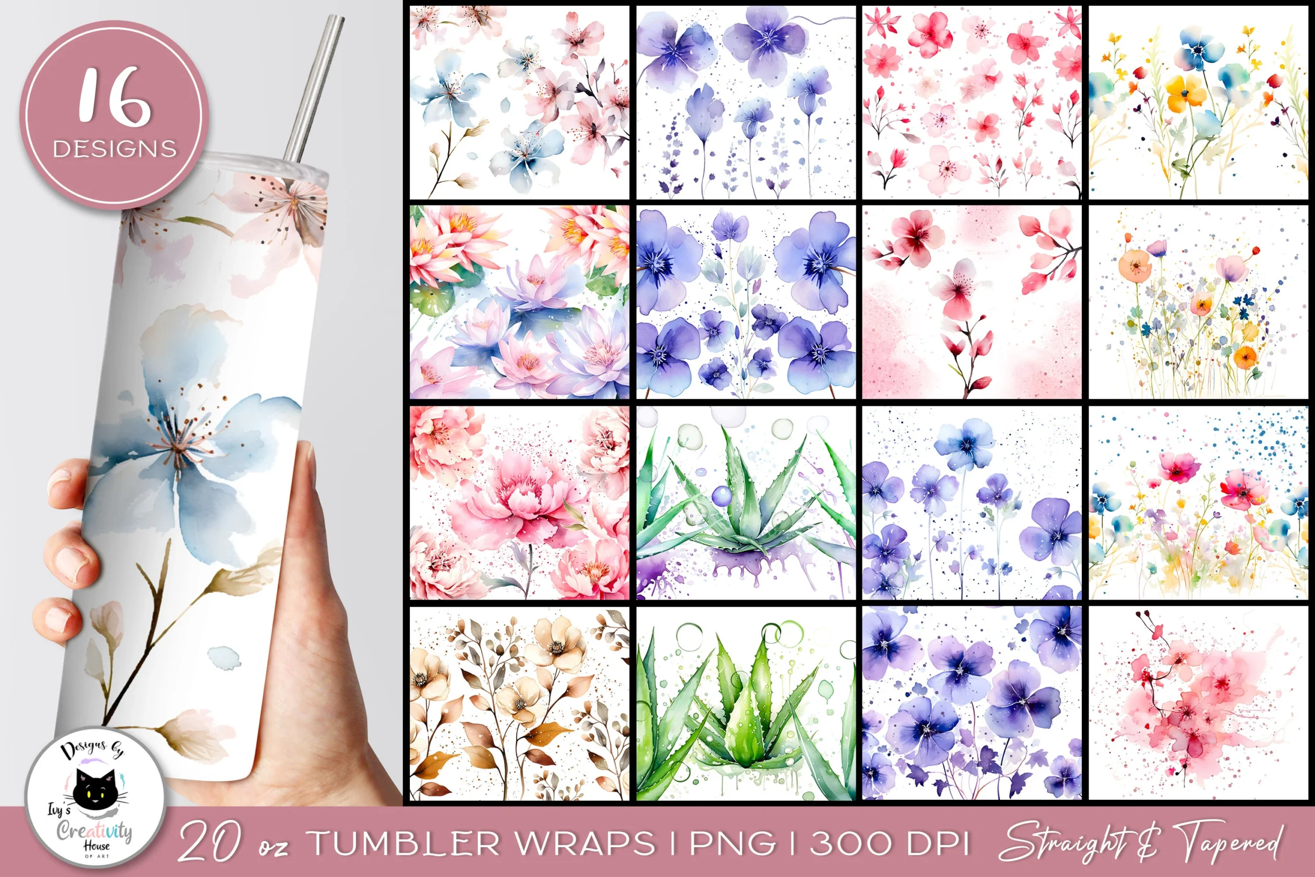 Soft Watercolor Floral Tumbler Wraps sublimation design preview