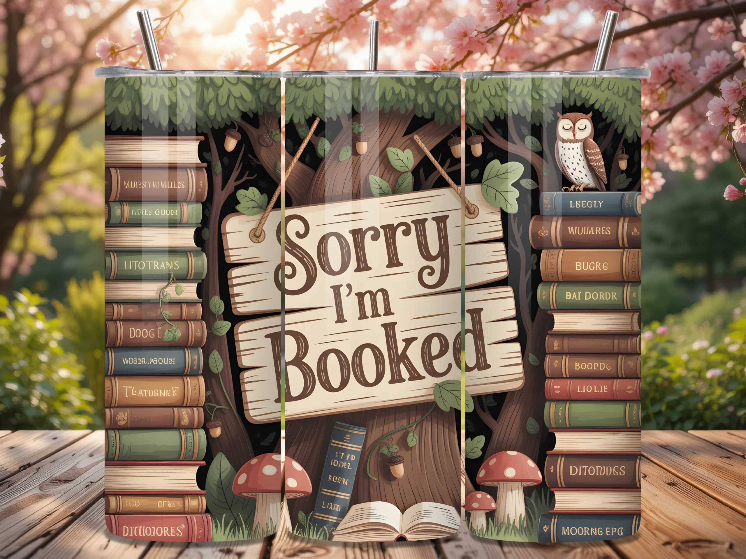 Sorry I'm Booked Book Lover Tumbler Wrap featuring owl and stack of books
