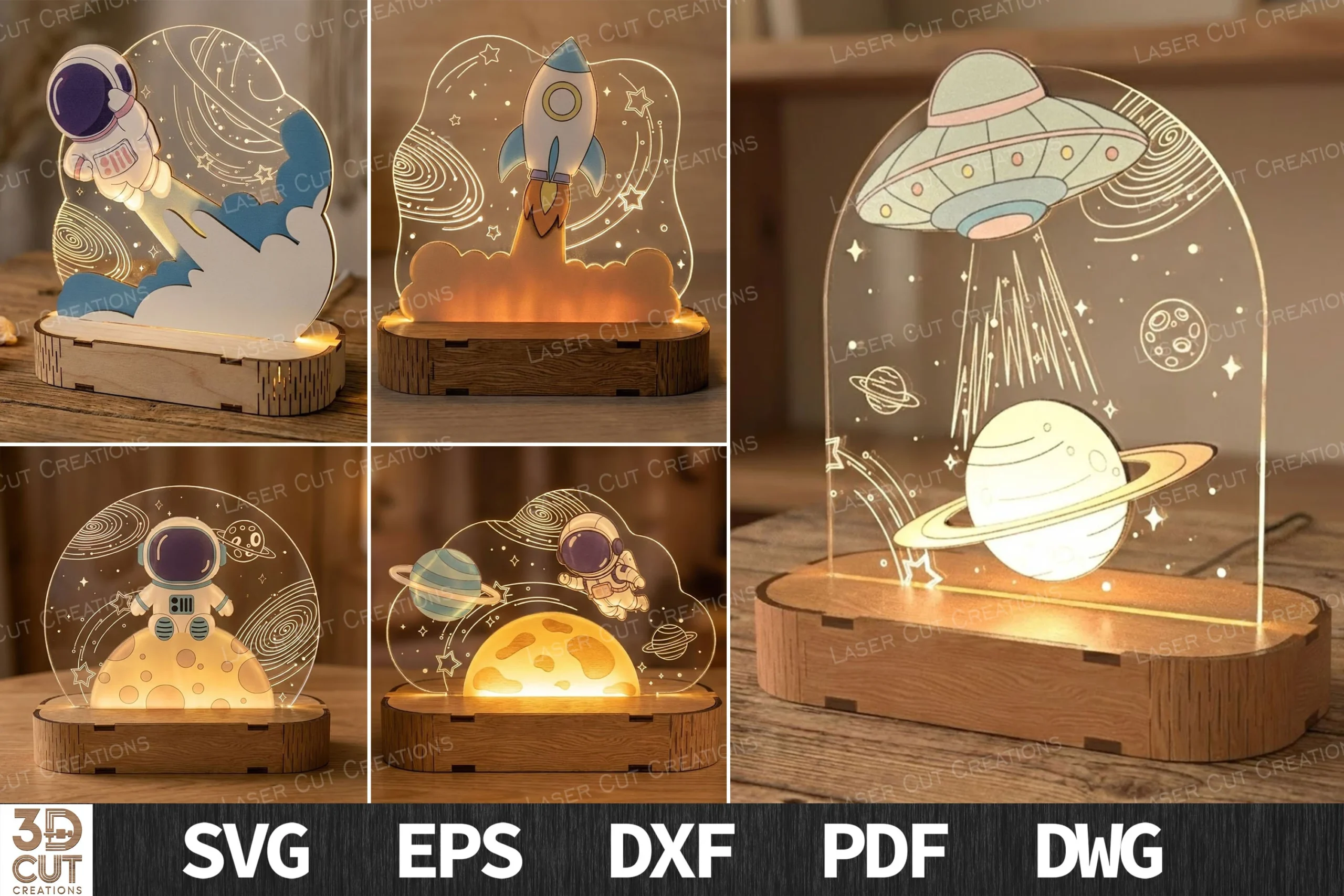 Space Night Light SVG Bundle preview showing laser-cut design with friendly character styling