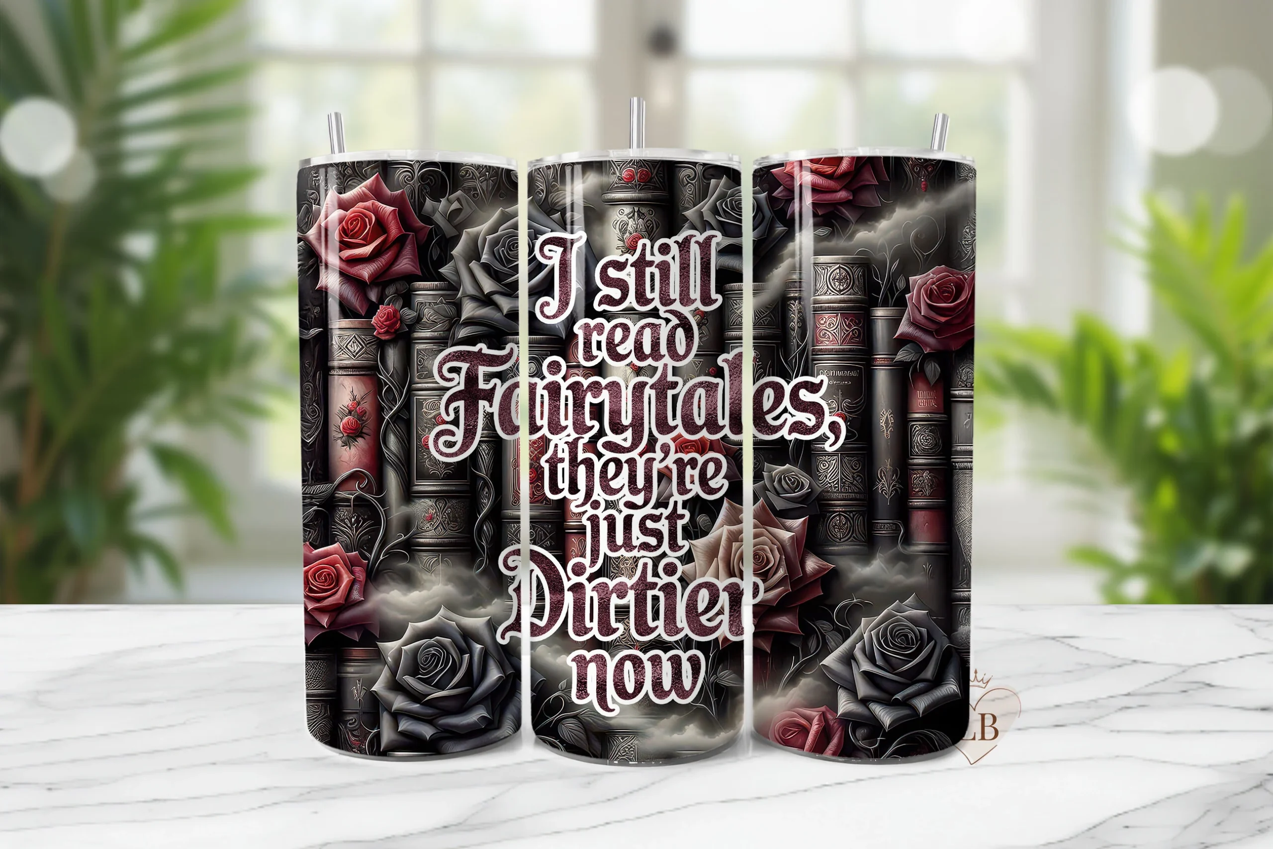 Spicy Book Lover 20oz Tumbler PNG featuring books and roses