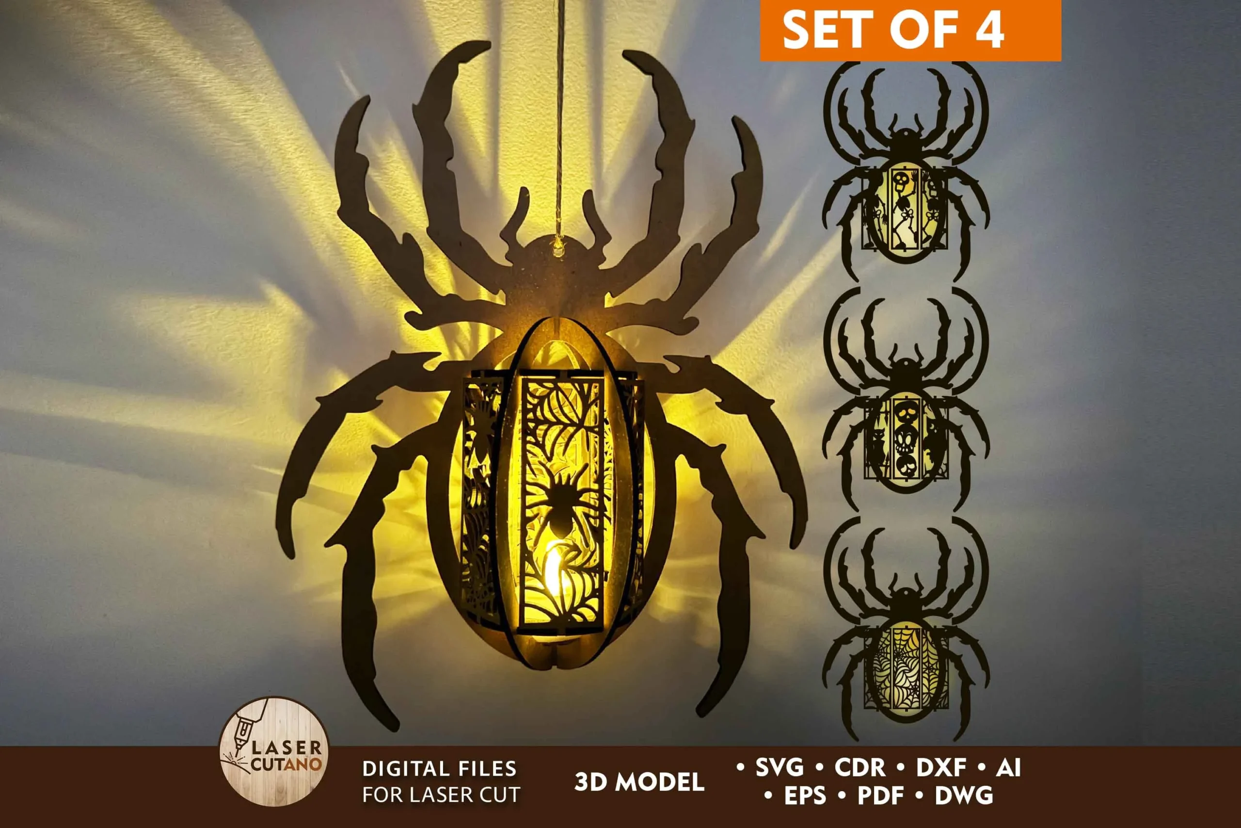 Spider Lantern Set of 4 – Halloween Lamp preview showing Halloween motifs with silhouette