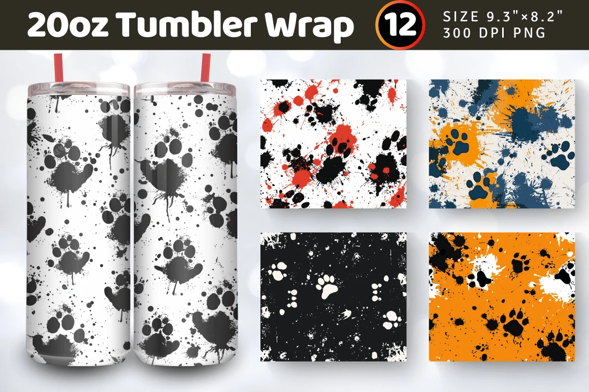 Splatter with Dog Paws Tumbler Wraps featuring paw prints and splatter