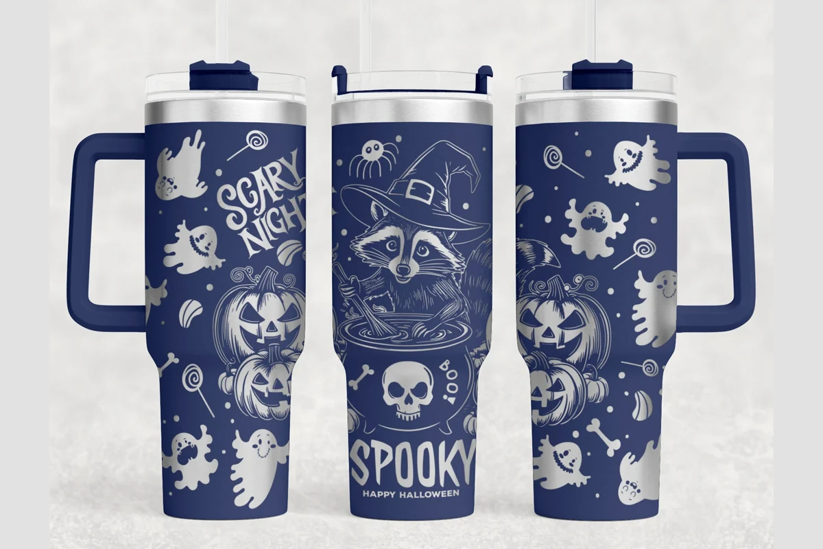 Spooky 40oz Laser Tumbler Wrap SVG preview showing sublimation design with composition