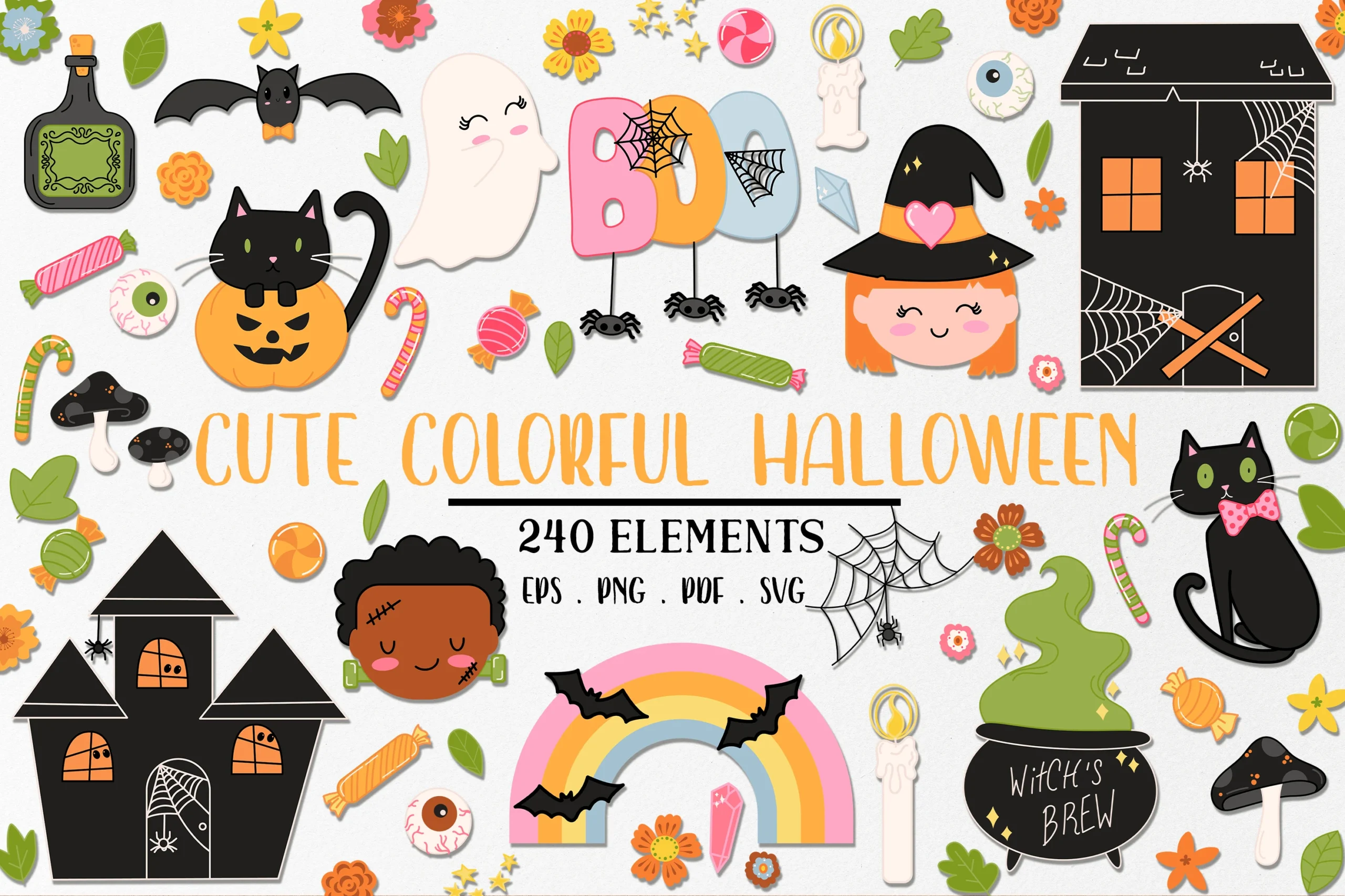Spooky Cute Halloween Clipart Svg featuring Halloween characters and Haunted houses