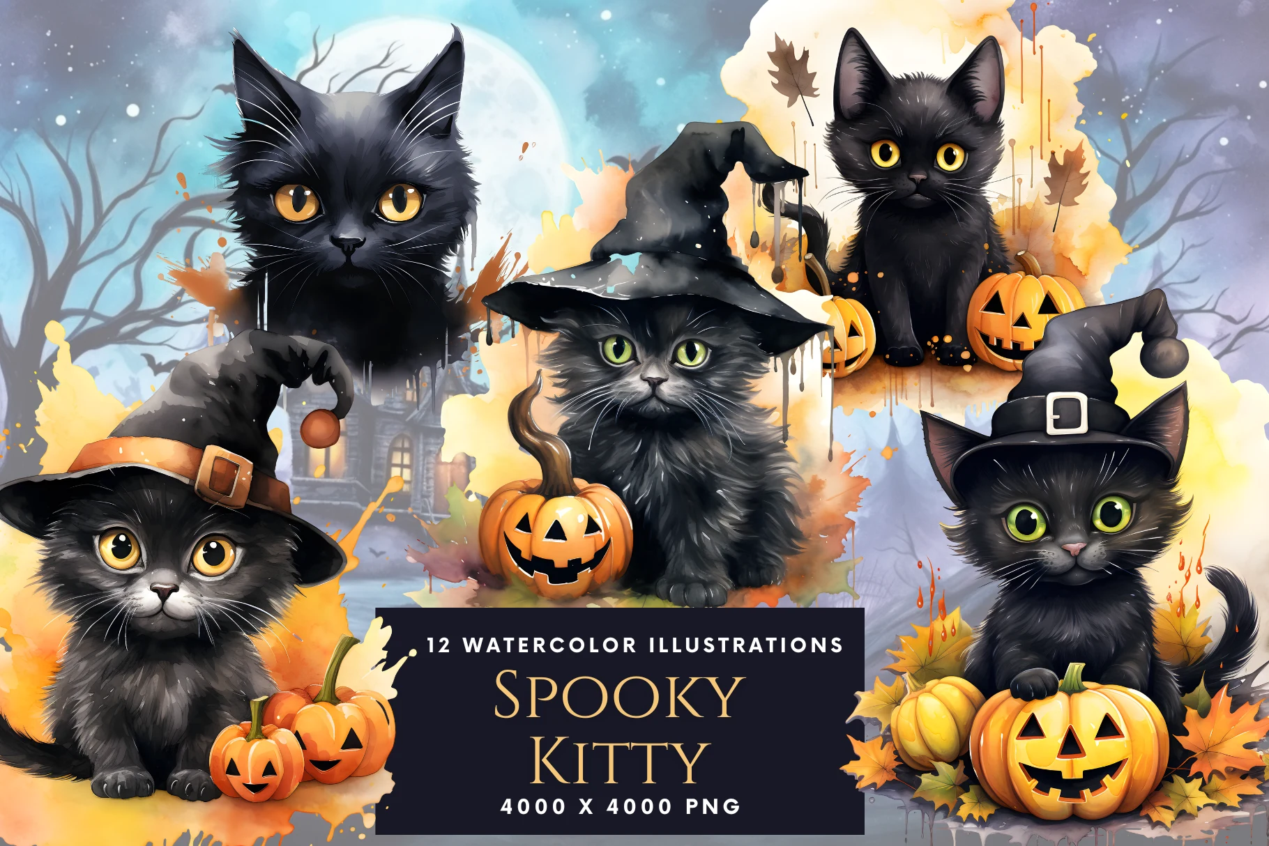 Spooky Halloween Cat Clipart preview showing cats with soft watercolor texture
