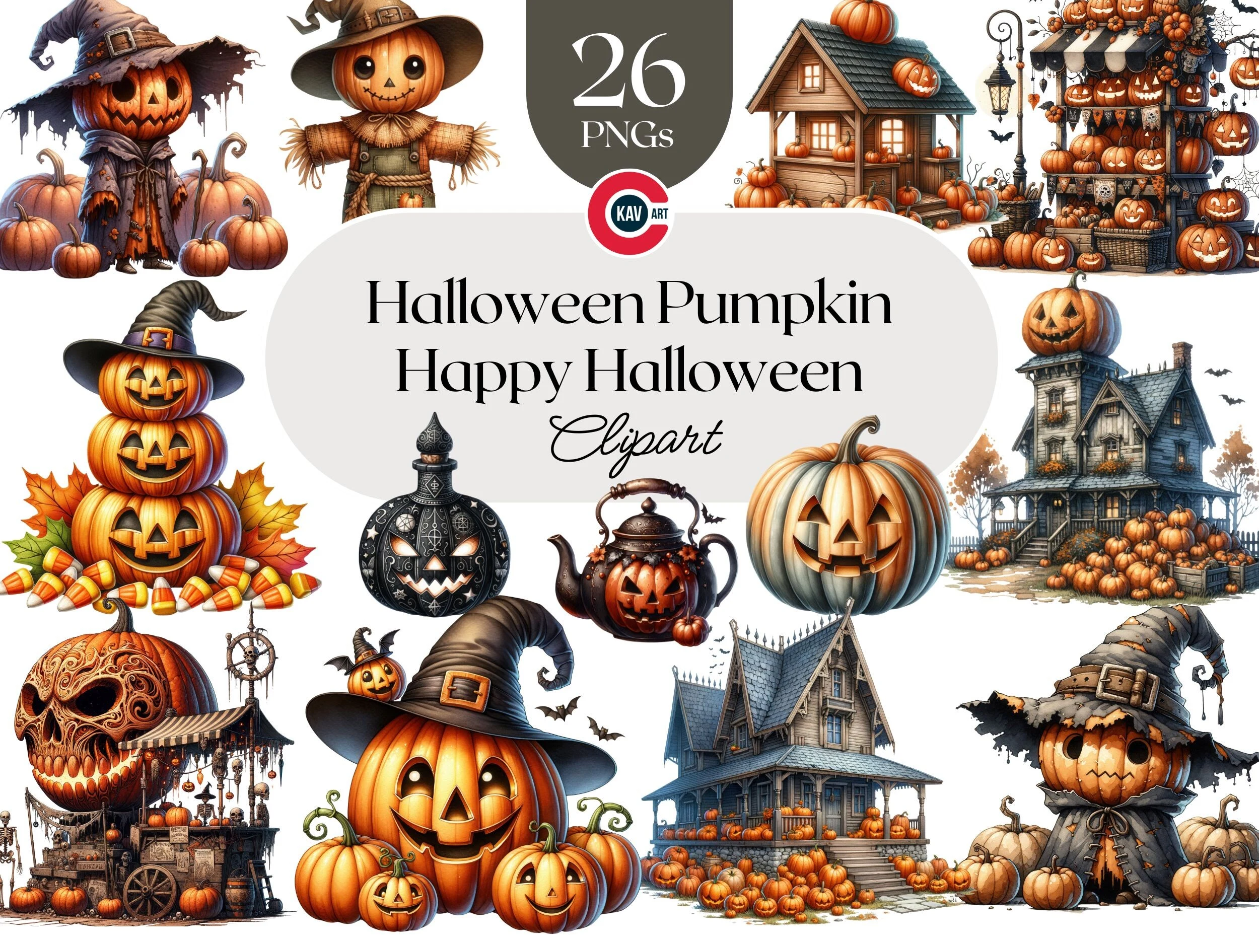 Spooky Halloween Pumpkin Clipart Bundle featuring jack-o'-lanterns and witches