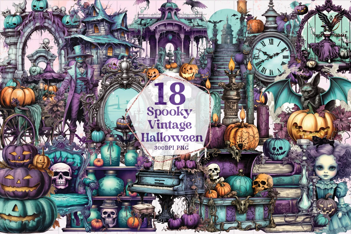 Spooky Vintage Halloween Clipart PNG featuring pumpkins and skulls