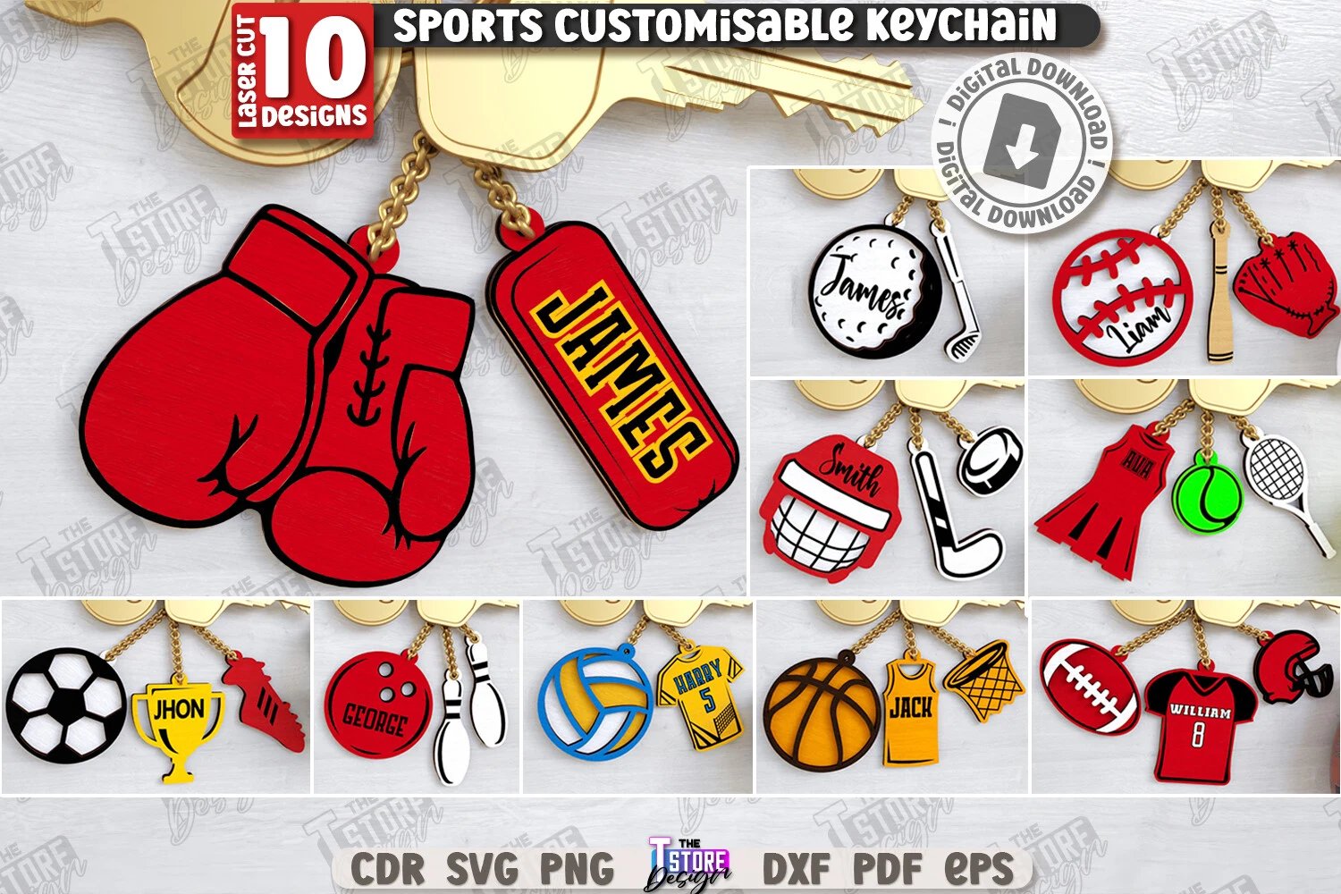 Sport Keychains Laser Cut Bundle|Keyring featuring boxing gloves and golf ball and club
