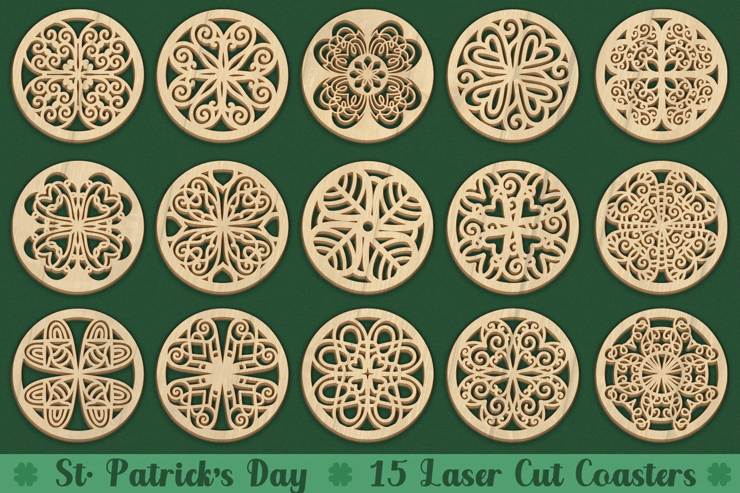 St Patricks 15 Laser Cut Coasters featuring clover and shamrock