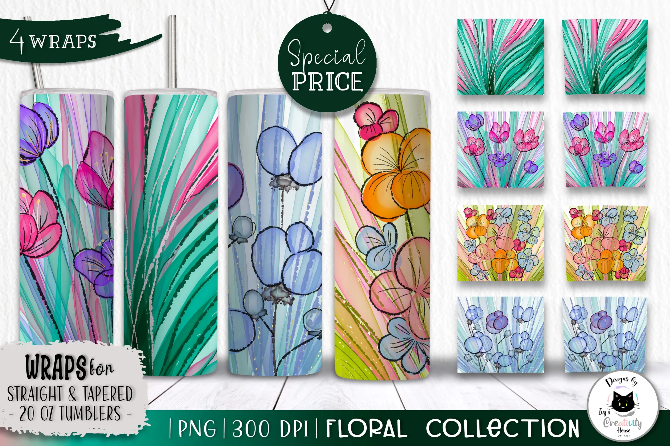 Stained Glass Floral Tumbler Designs preview showing botanical motifs with composition