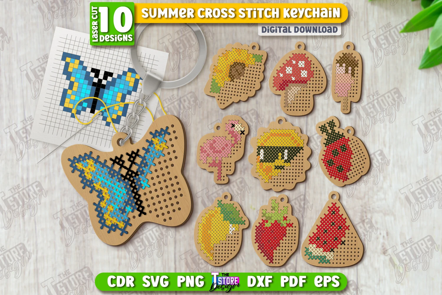 Summer Cross Stitch Keychains Laser Cut featuring butterfly and sunflower