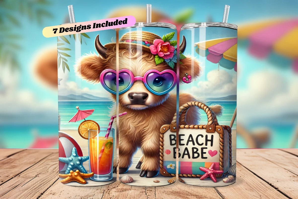 Summer Highland Cow Bundle Tumbler Wraps featuring Highland cow and Beach items