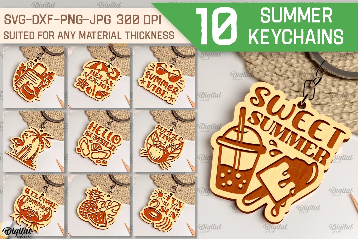 Summer Keychains Laser Cut Bundle featuring beach scenery and summer symbols