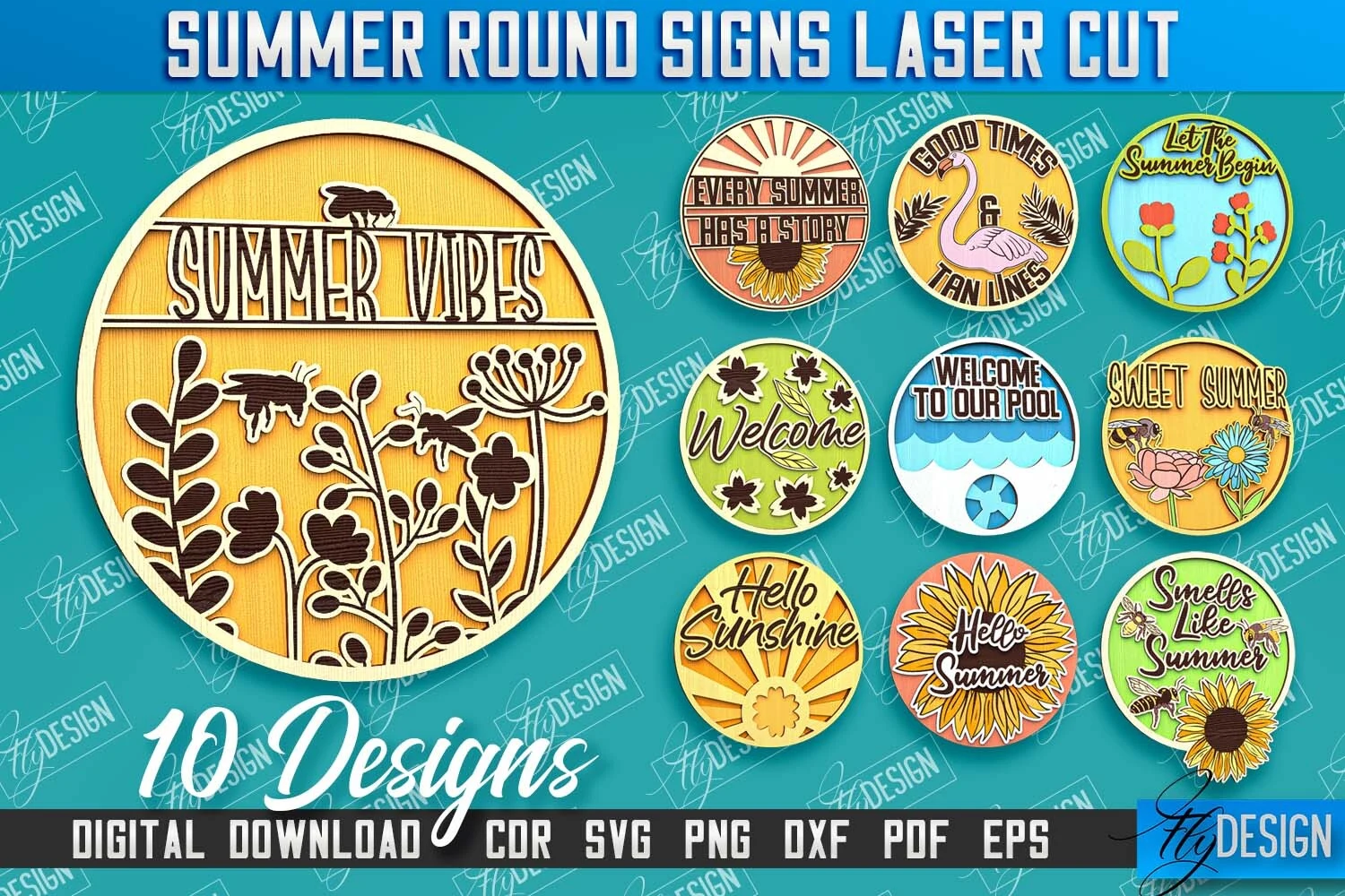 Summer Round Signs Laser Cut Bundle featuring sunflowers and bees