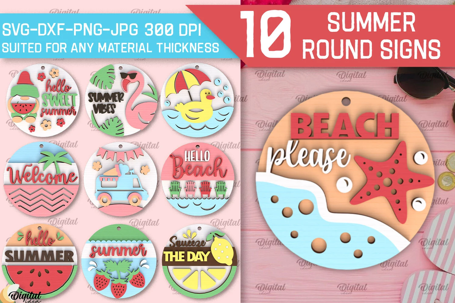 Summer Round Signs Laser Cut Bundle featuring gnome and flamingo