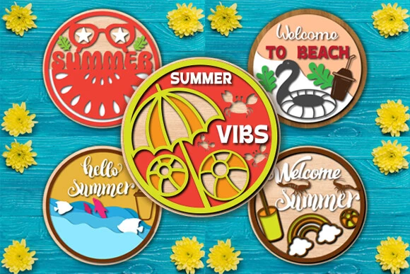 Summer Round Signs Laser Cut Svg Bundle featuring watermelon slice and sunglasses