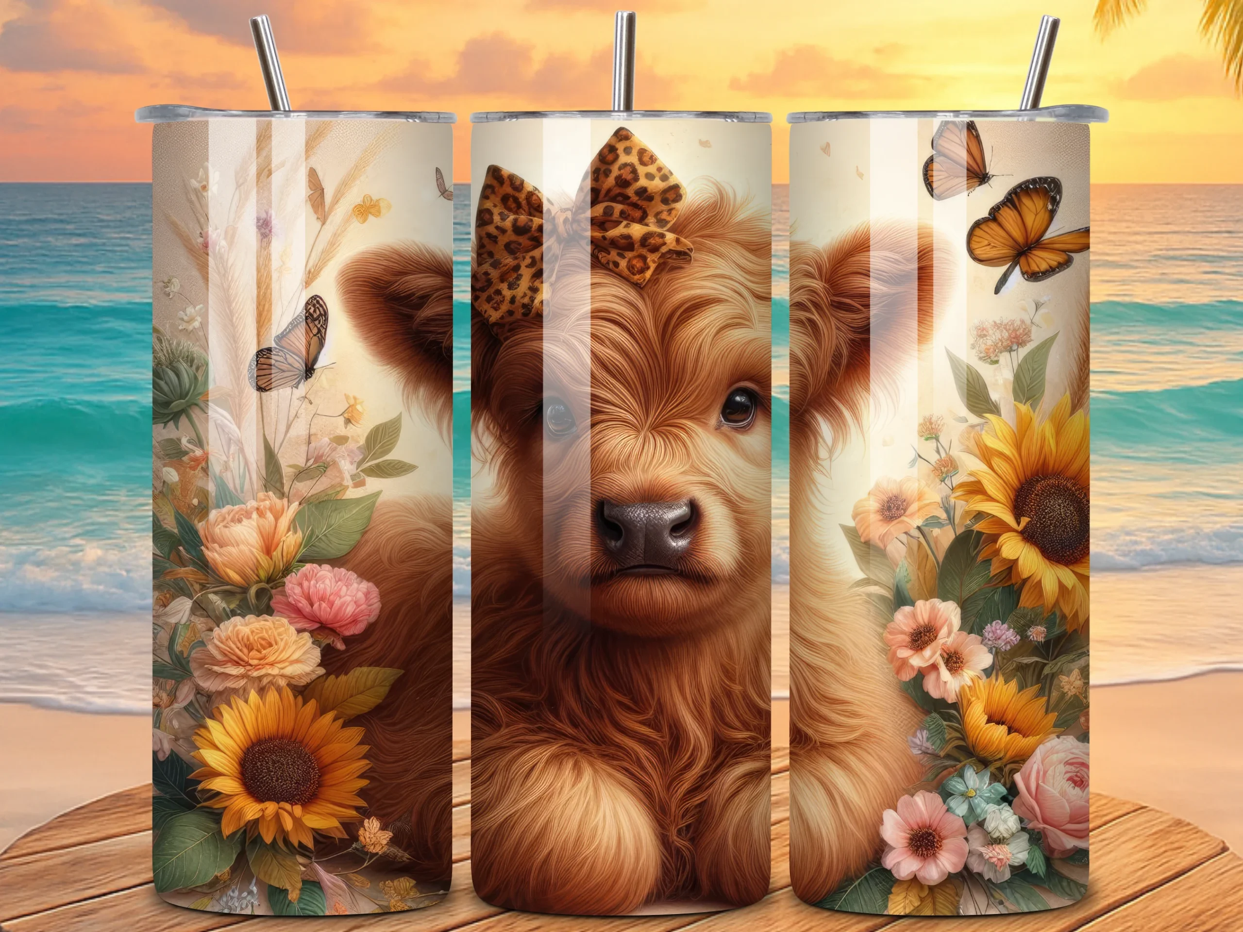 Sunflower Highland Cow Tumbler Wraps preview showing sublimation design with composition