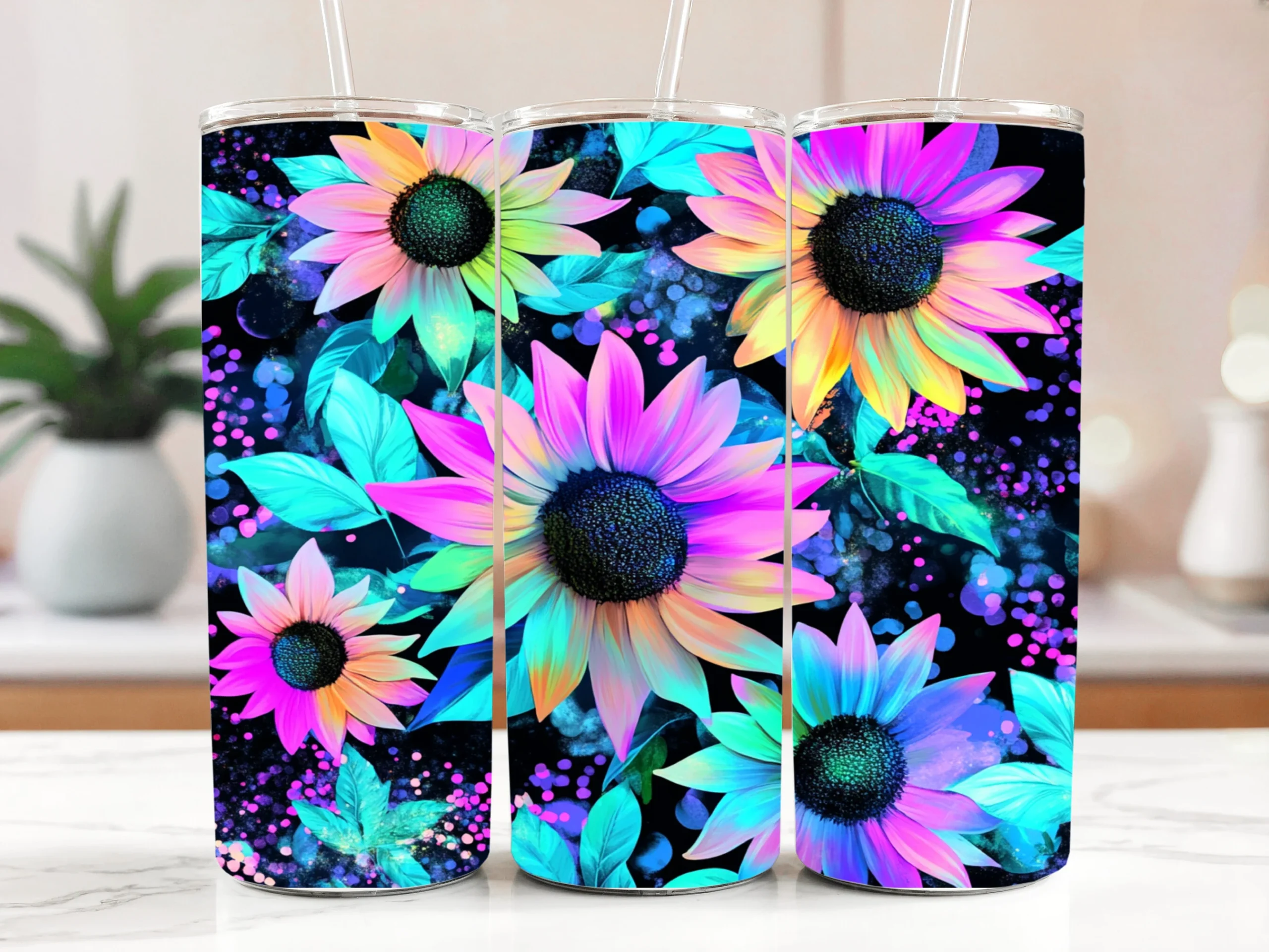 Sunflower Leopard Print Tumbler Wraps featuring sunflowers and foliage