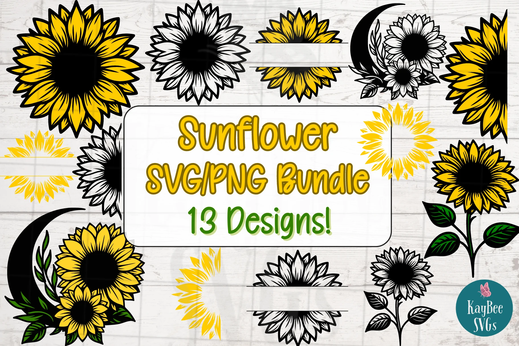 Sunflower SVG/PNG Bundle consists of thirteen individual sunflower illustrations including plain floral heads, flowers combined with crescent moons, and split-frame designs, rendered in both monochromatic black-and-white and yellow-and-black color schemes.