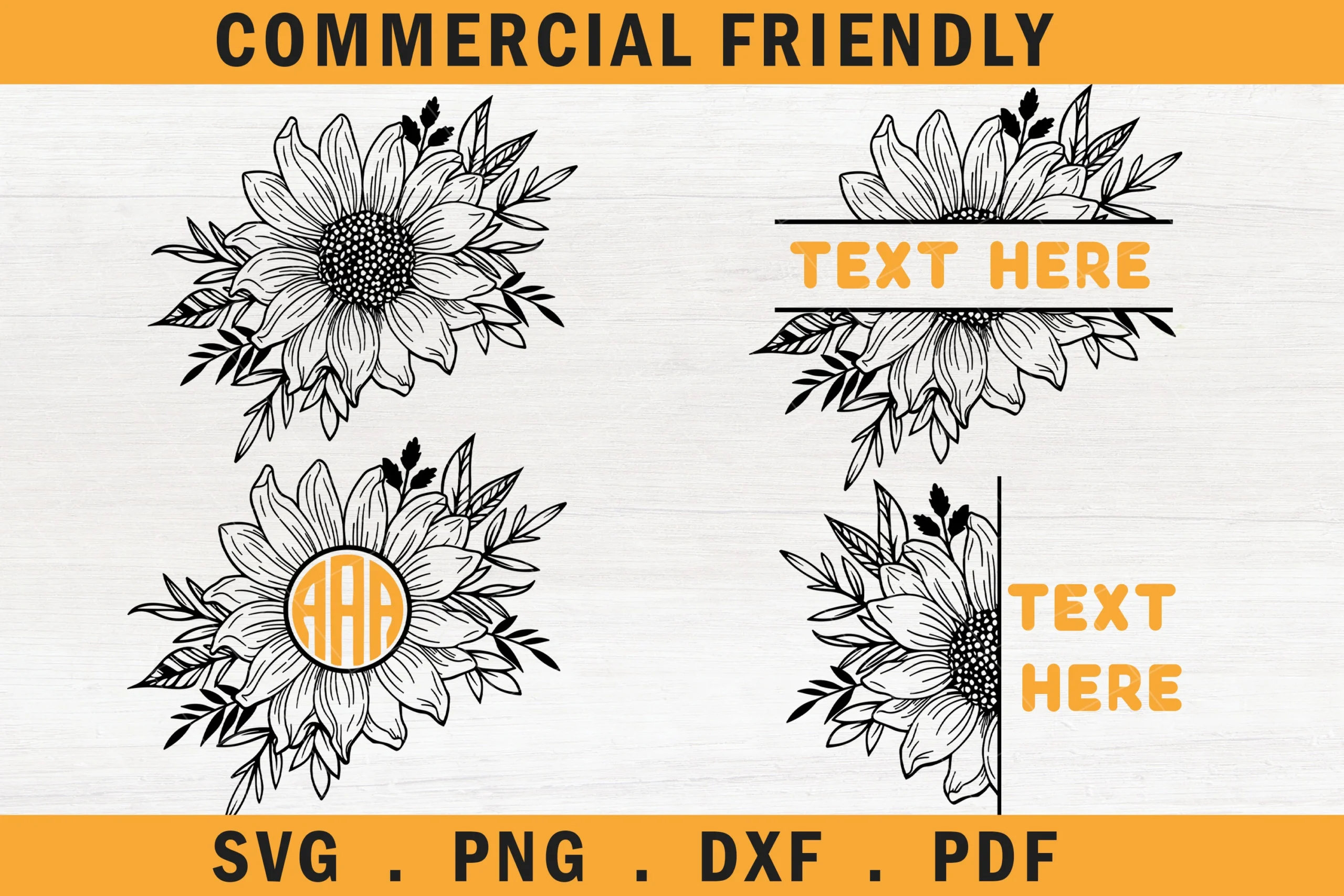 Sunflower Svg, Sunflower Monograms SVG featuring sunflowers and foliage