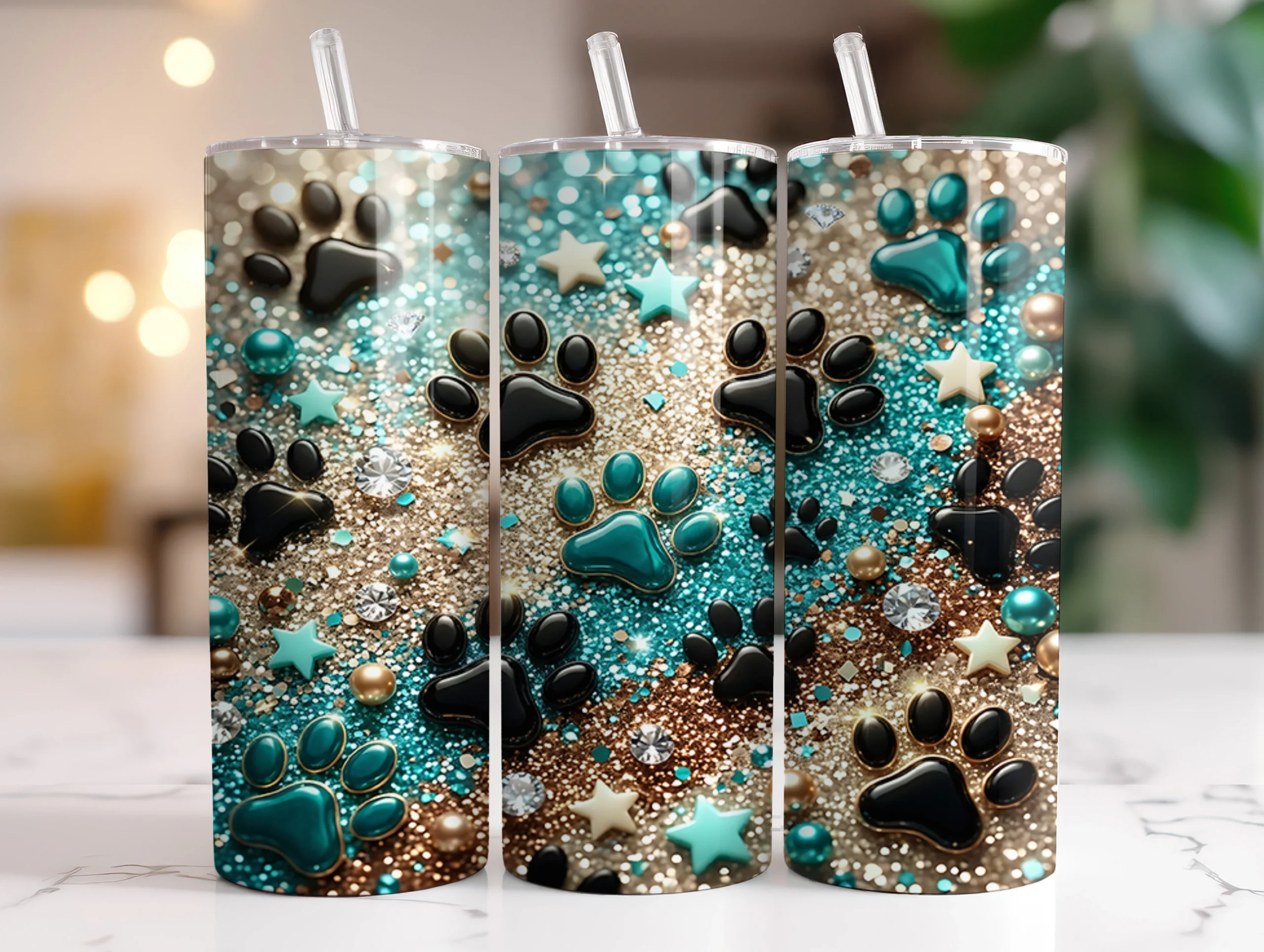 Teal Glitter Dog Paw 20 Oz Tumbler Wrap featuring paw prints and stars