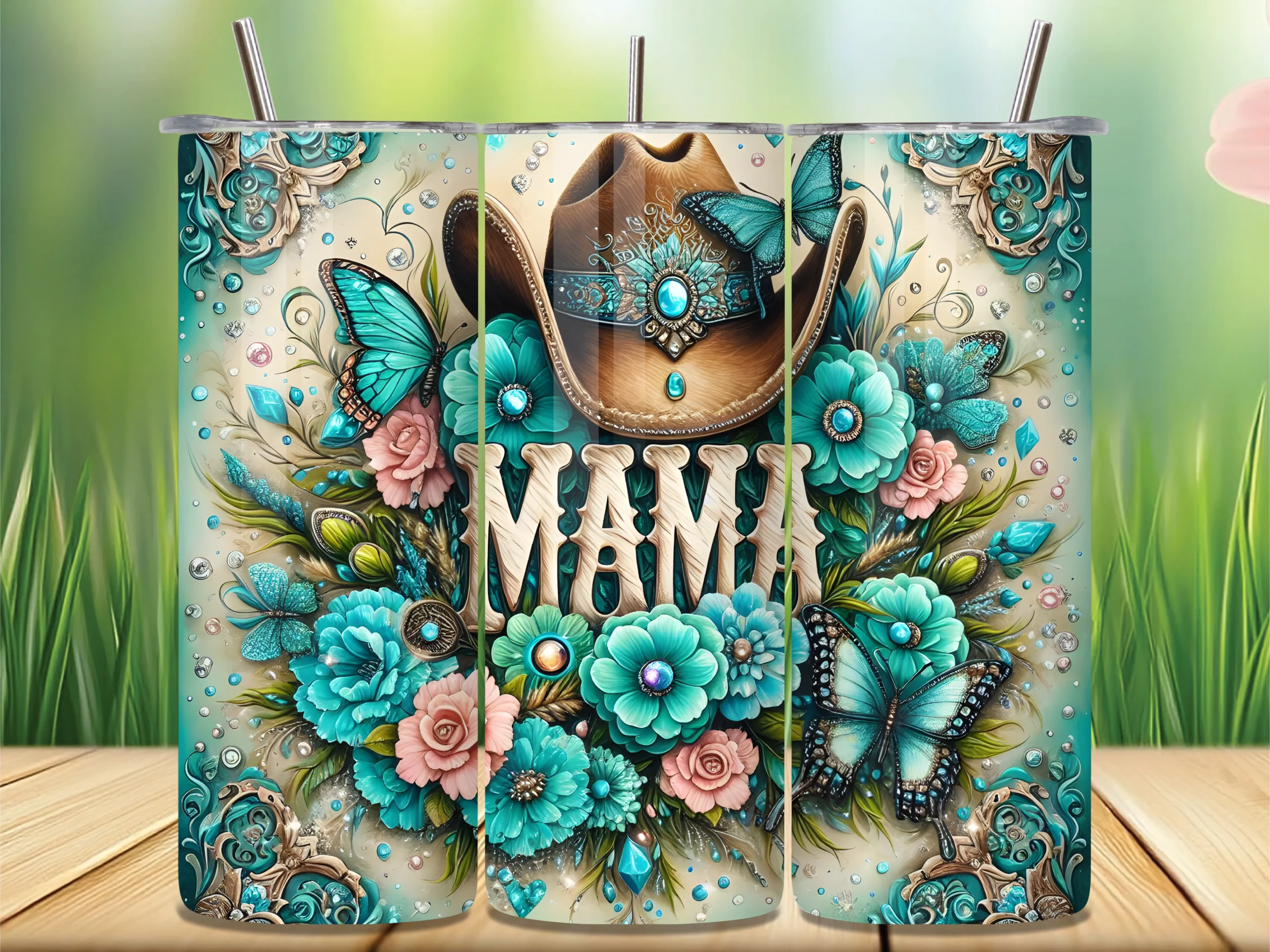 Teal Western Mama Hat Floral Tumbler PNG featuring cowboy hat and butterflies