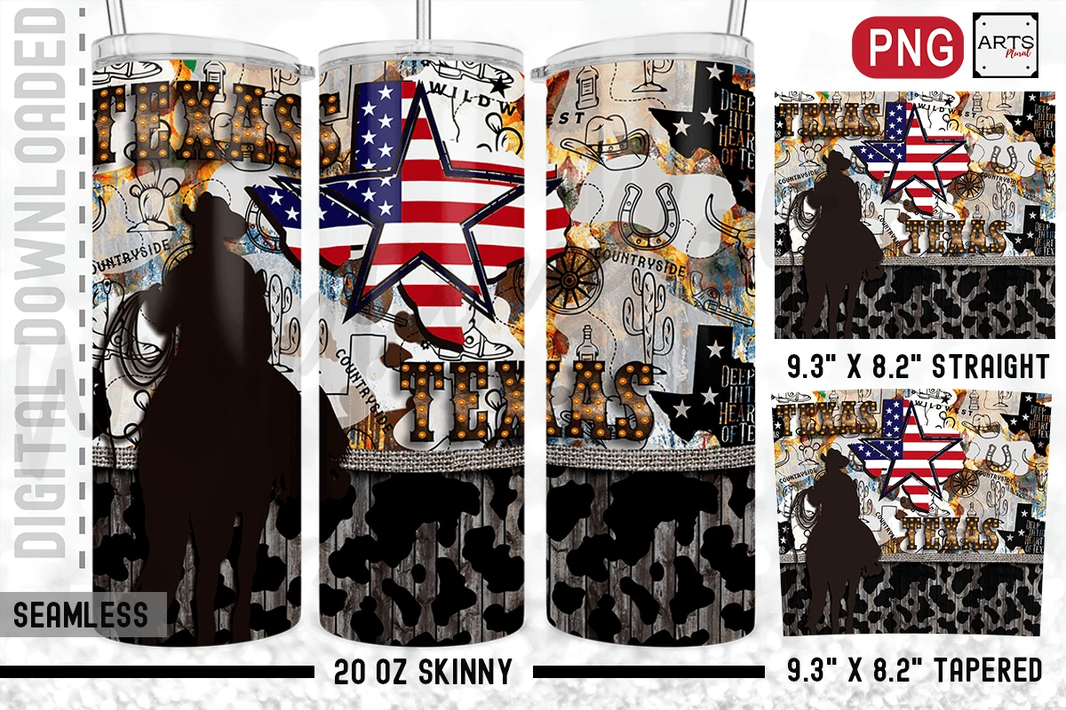 Texas Western Cowhide 20oz Sublimation featuring cowboy on horseback silhouette and Texas state shape