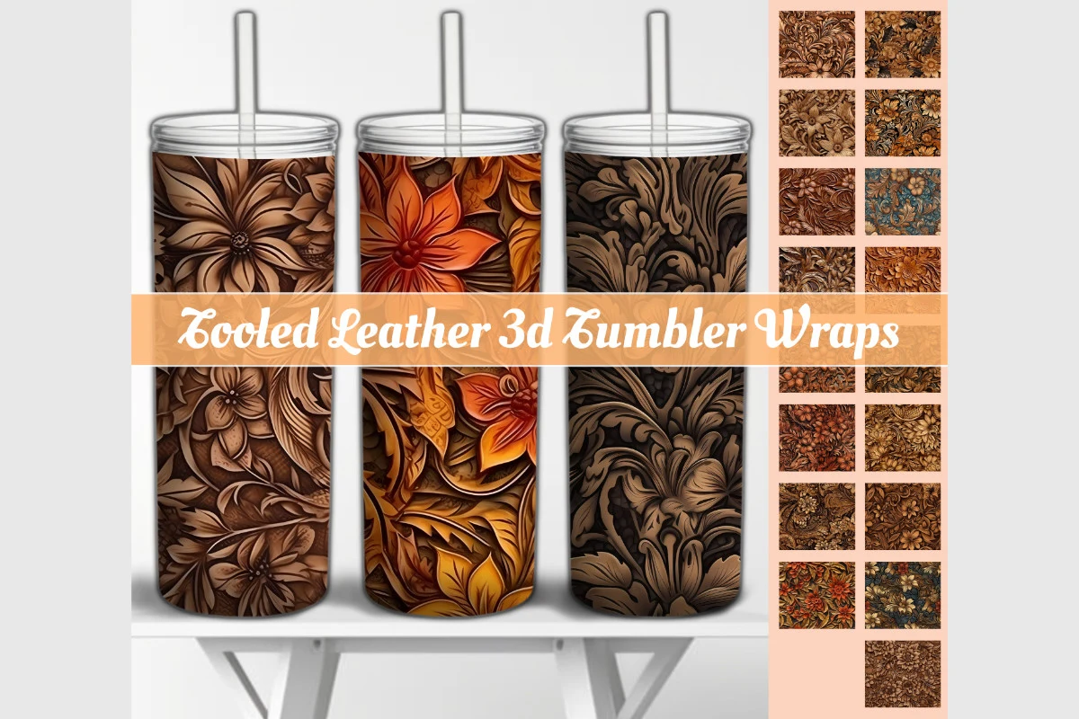 Tooled Leather Floral Tumbler Wraps preview showing botanical motifs with composition