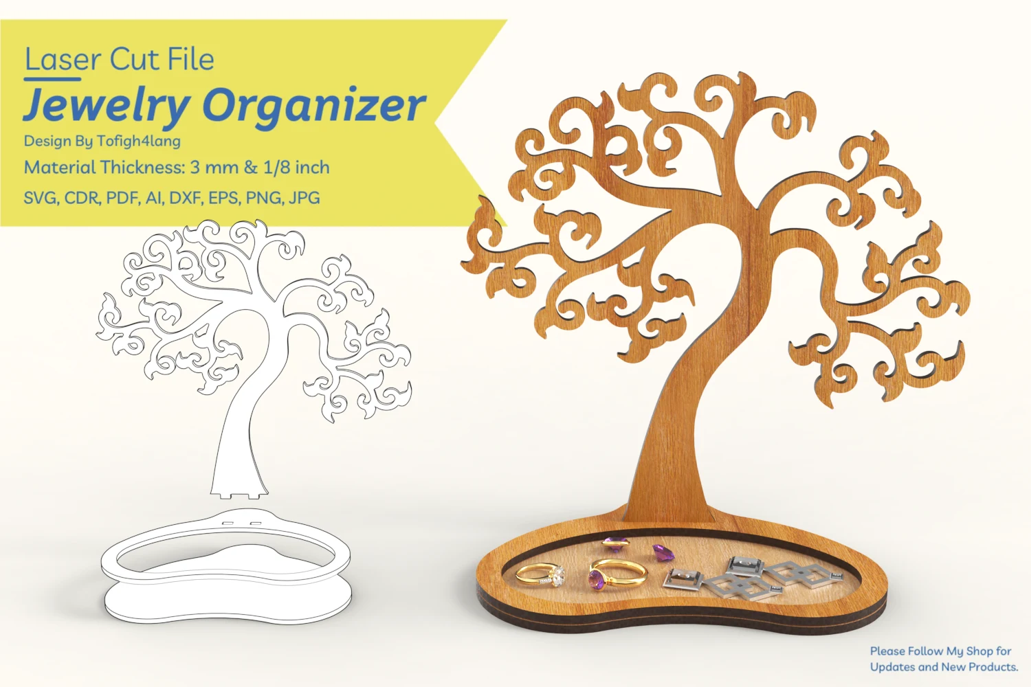 Tree Jewelry Display | Laser Cut File preview showing laser-cut design with silhouette
