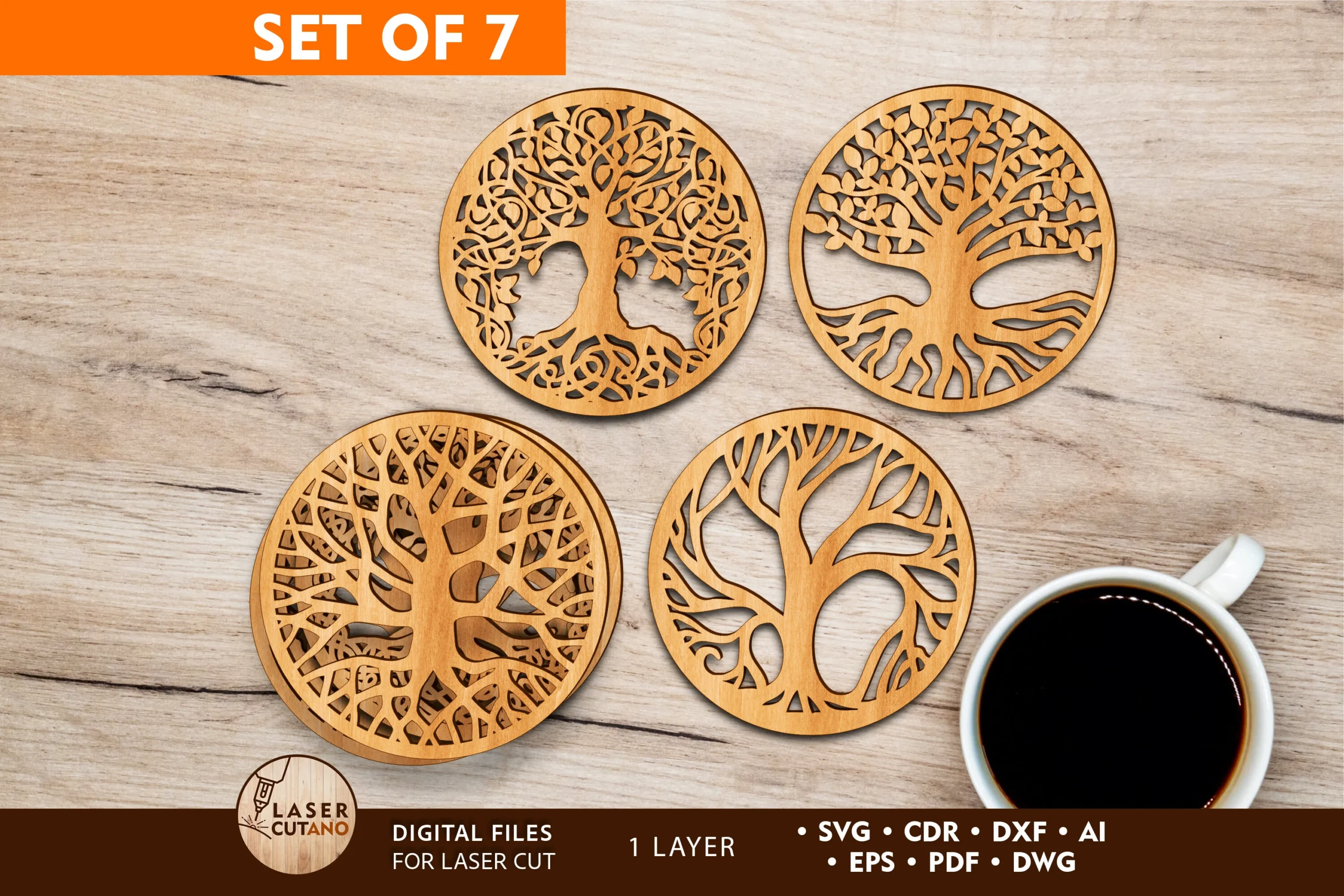 Tree of Life Coasters Bundle Templates laser-cut design preview