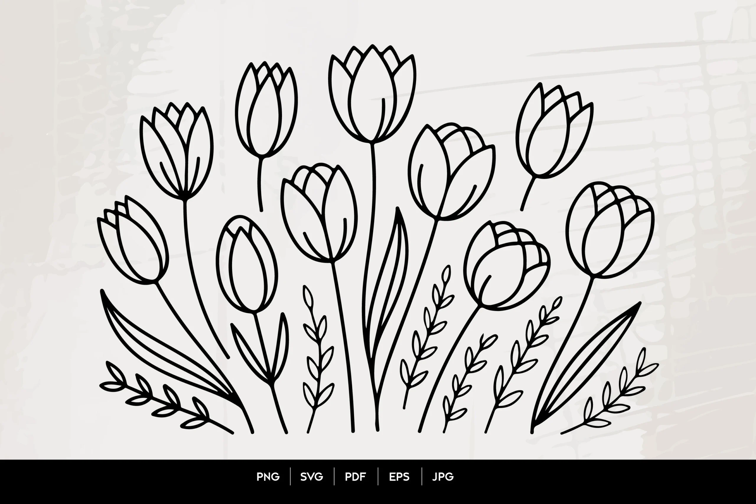 Tulip Floral Line Art SVG featuring tulips and leaves