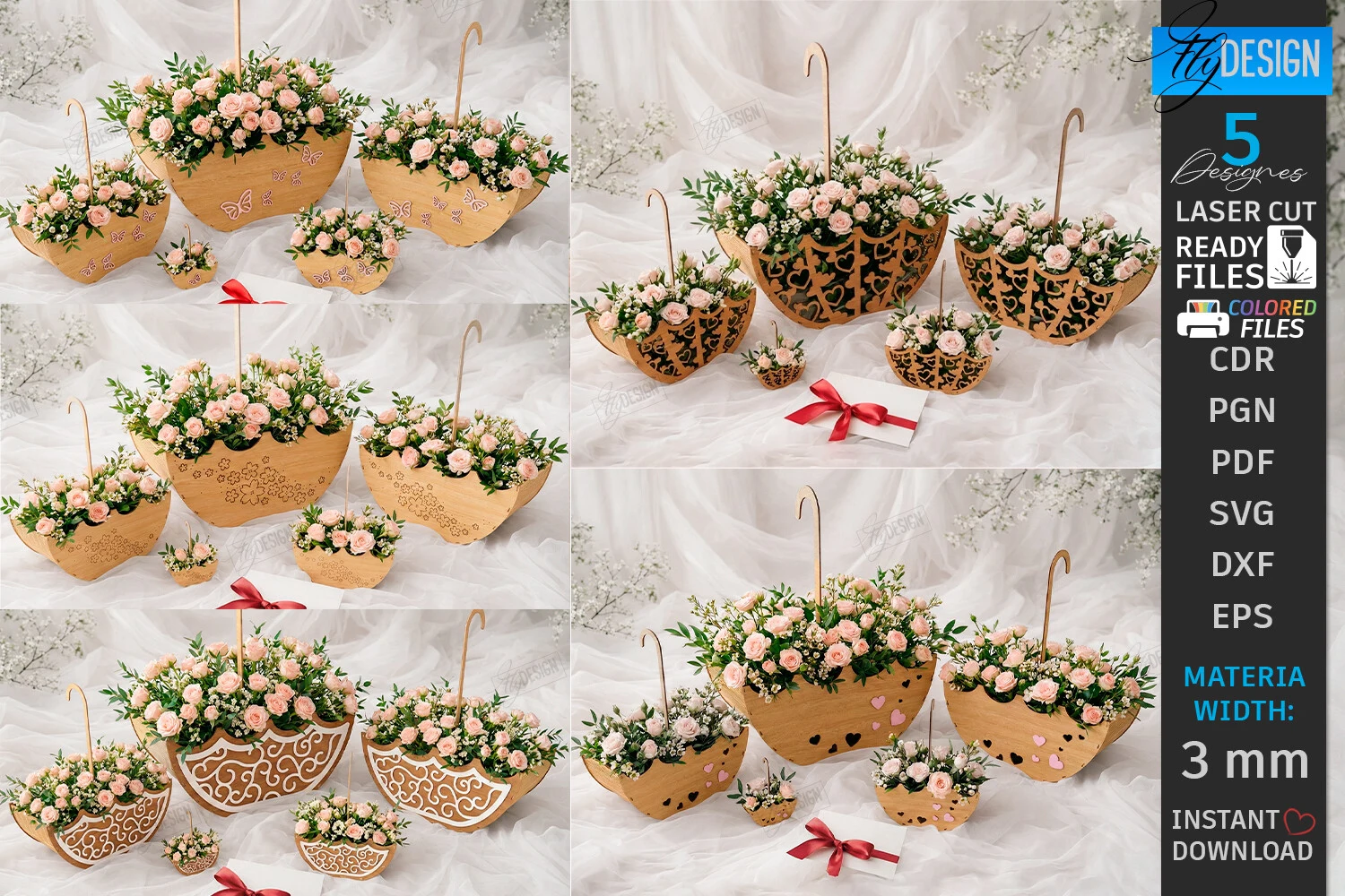 Umbrella Flower Boxes Laser Cut Bundle featuring umbrella-shaped basket and flower arrangement