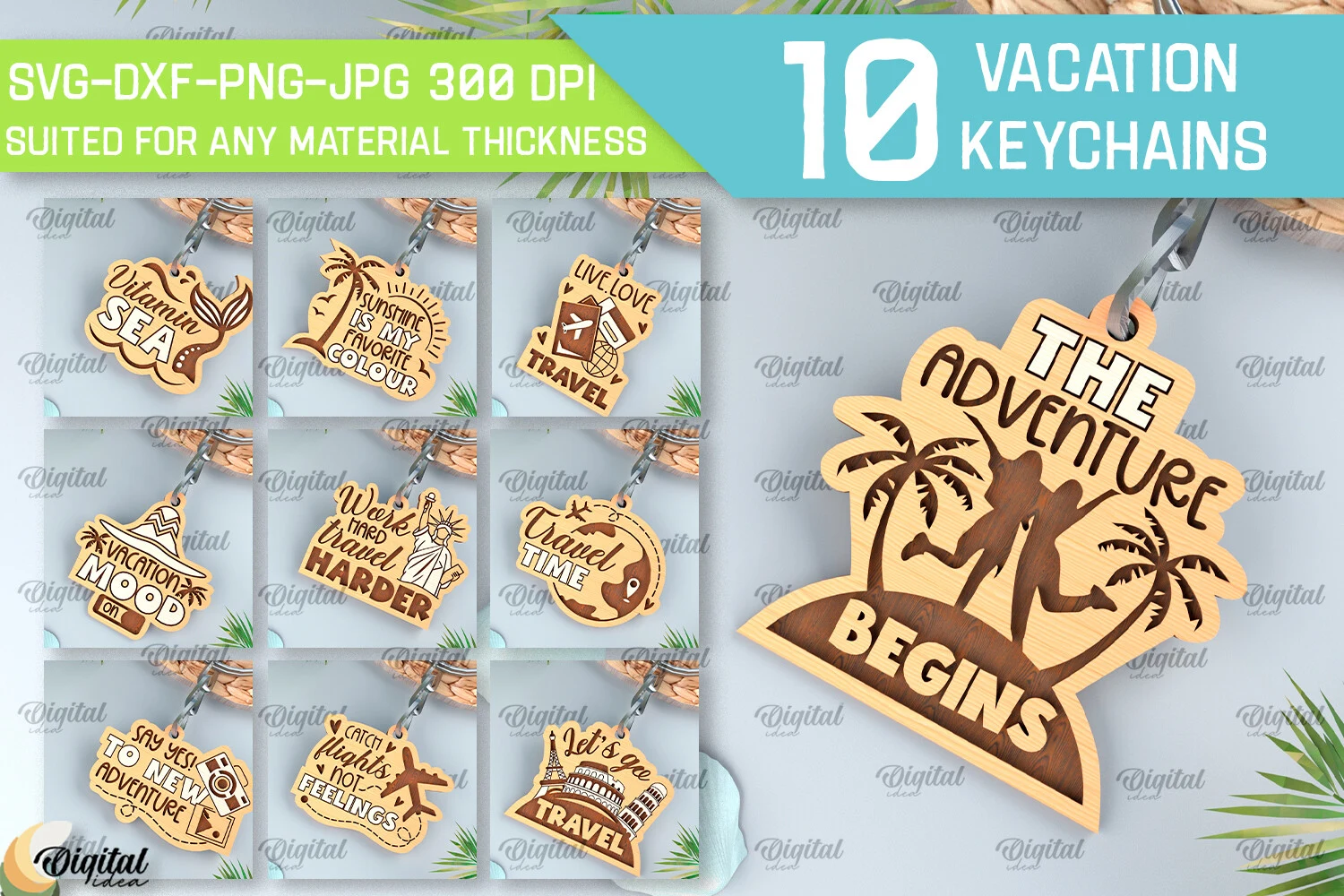 Vacation Keychains Laser Cut Bundle featuring travel accessories and palm trees