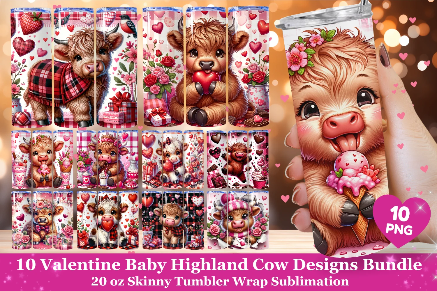 Valentine Highland Cow Tumbler Wraps featuring baby highland cow and hearts