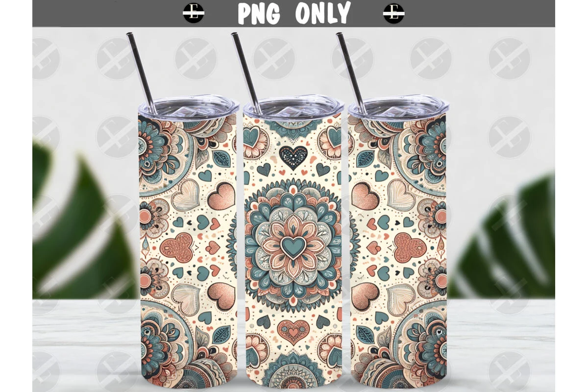 Valentines Tumbler Wraps Boho Hearts PNG featuring mandala and heart