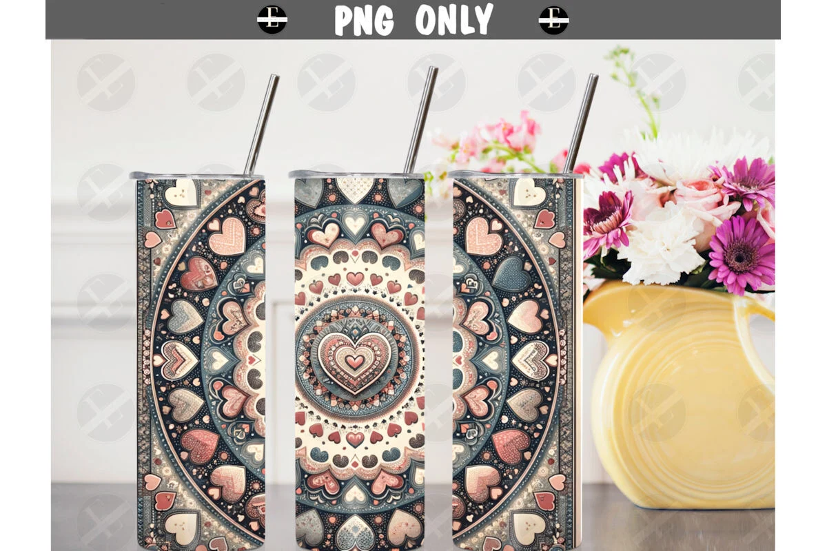 Valentines Tumbler Wraps Boho Hearts PNG featuring hearts and mandala