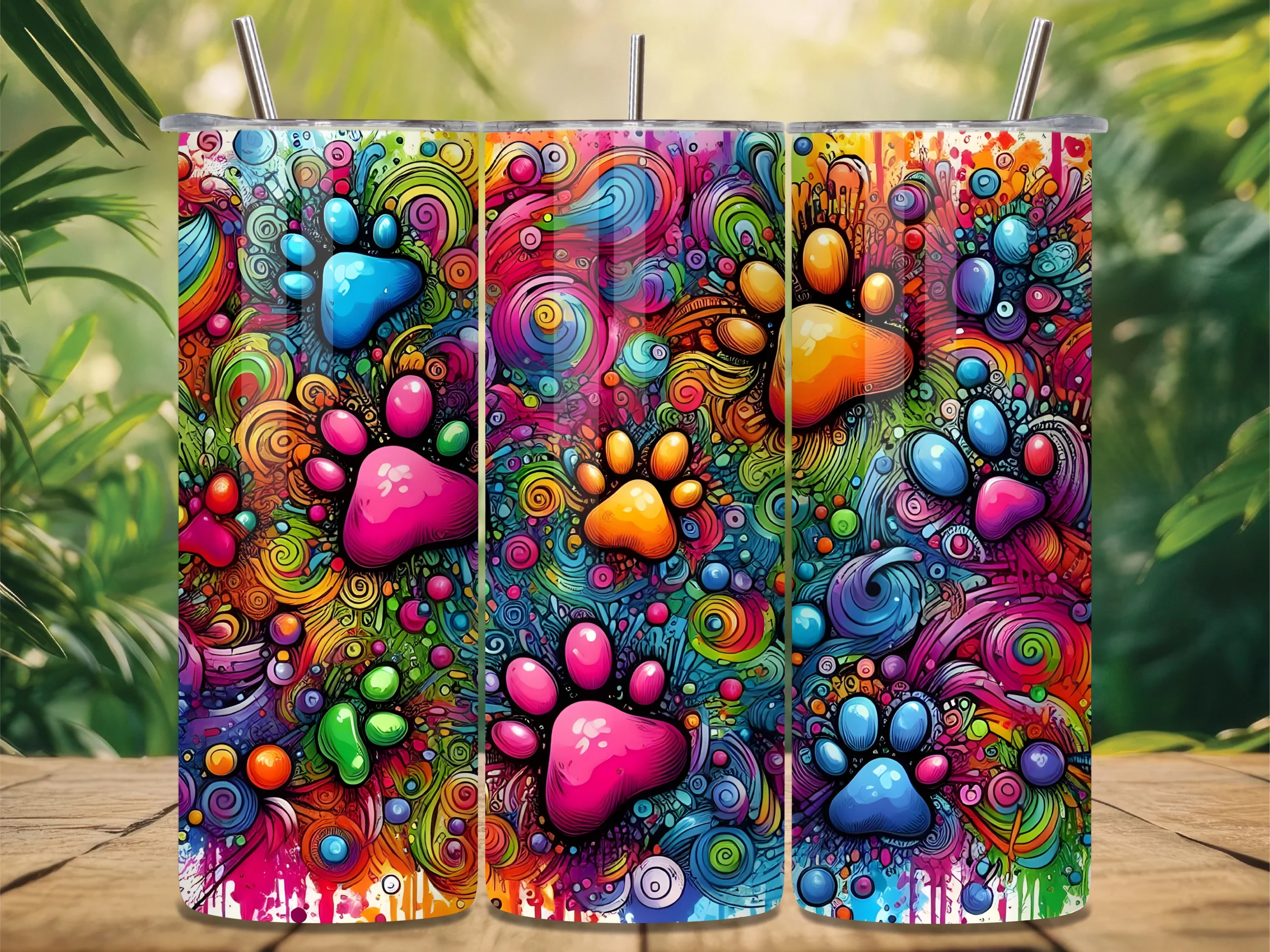 Vibrant Dog Paw Pattern Tumbler Wrap featuring paw prints and swirls
