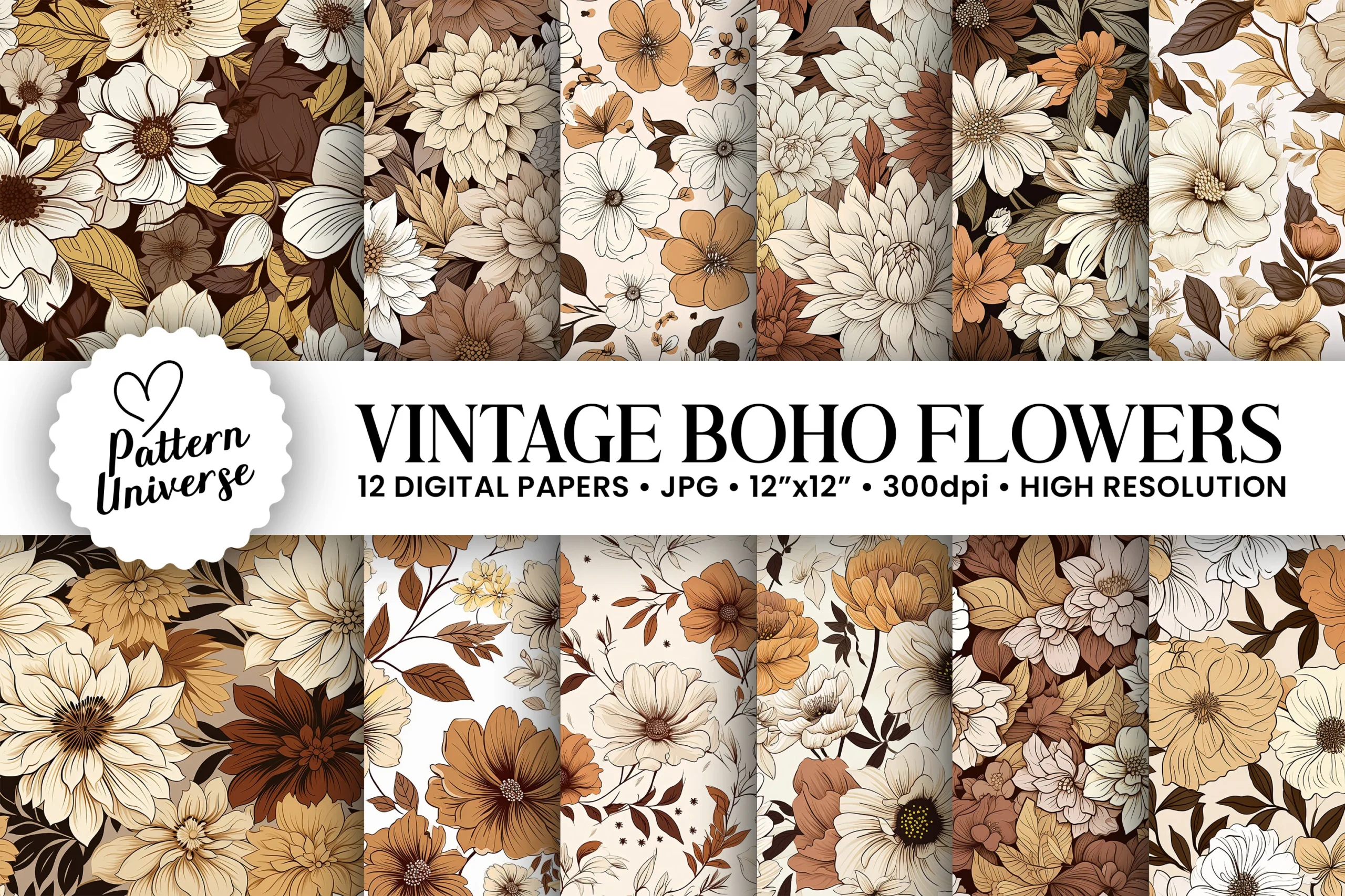 Vintage Boho Flowers Digital Papers sublimation design preview