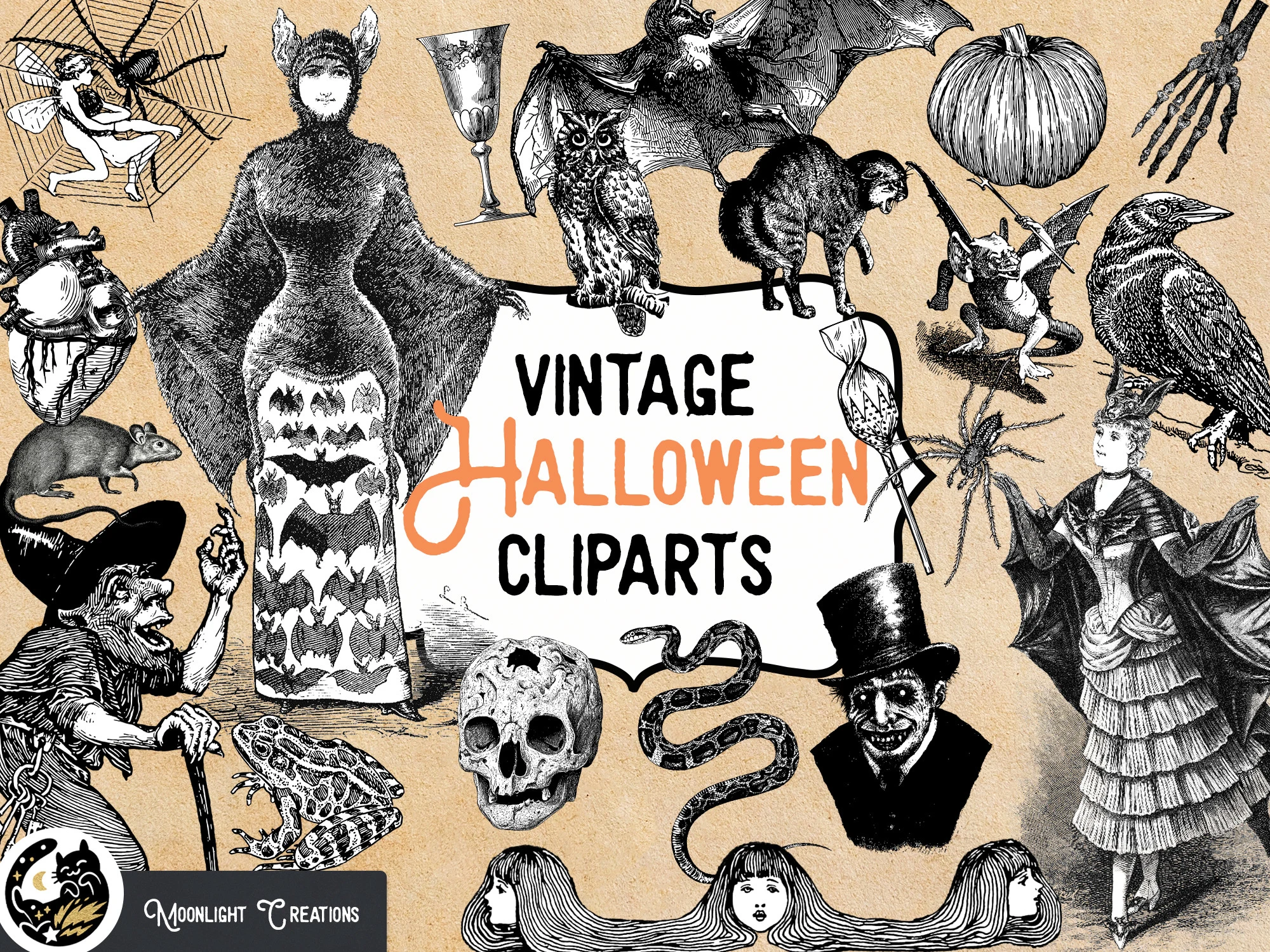 Vintage Halloween Black and White featuring woman in bat costume and owl