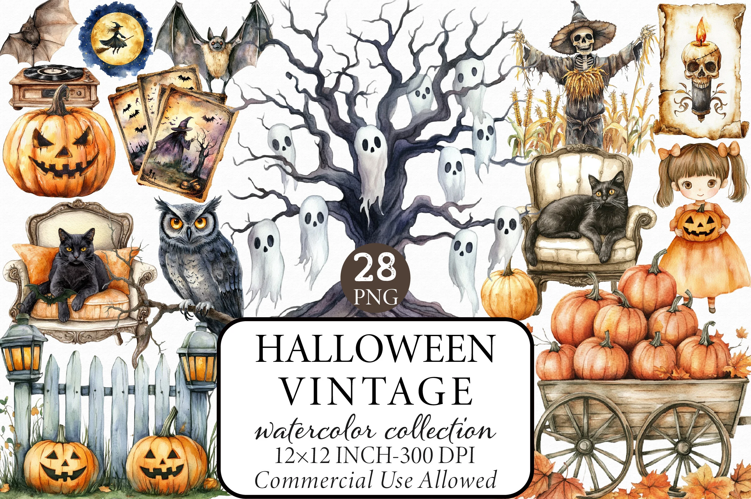 Vintage Halloween Clipart Collection featuring ghosts and pumpkins