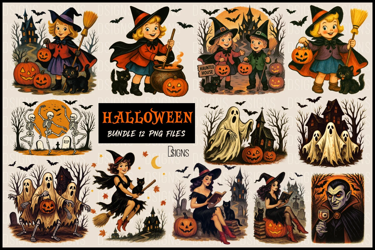 Vintage Halloween Clipart Png Bundle featuring witch children and skeletons