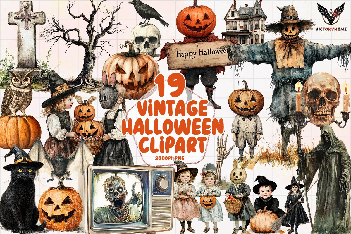 Vintage Halloween Clipart PNG featuring pumpkin-headed characters and jack-o'-lanterns