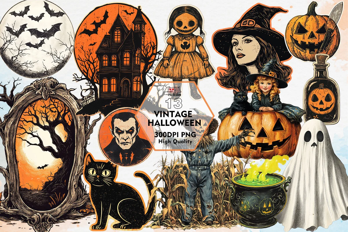 Vintage Halloween Clipart PNG preview showing Halloween motifs with period-inspired styling