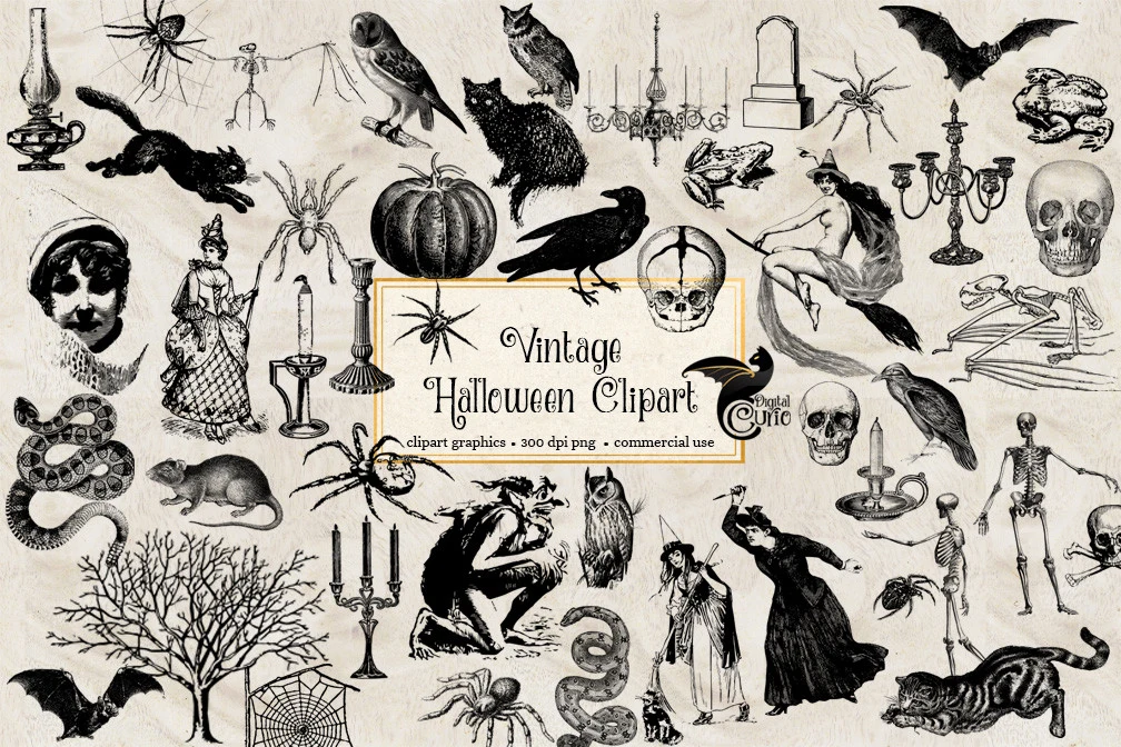 Vintage Halloween Clipart set consisting of various monochrome Victorian-style illustrations including black cats, witches on broomsticks, skulls, spiders, bats, and candelabras on a textured parchment background.